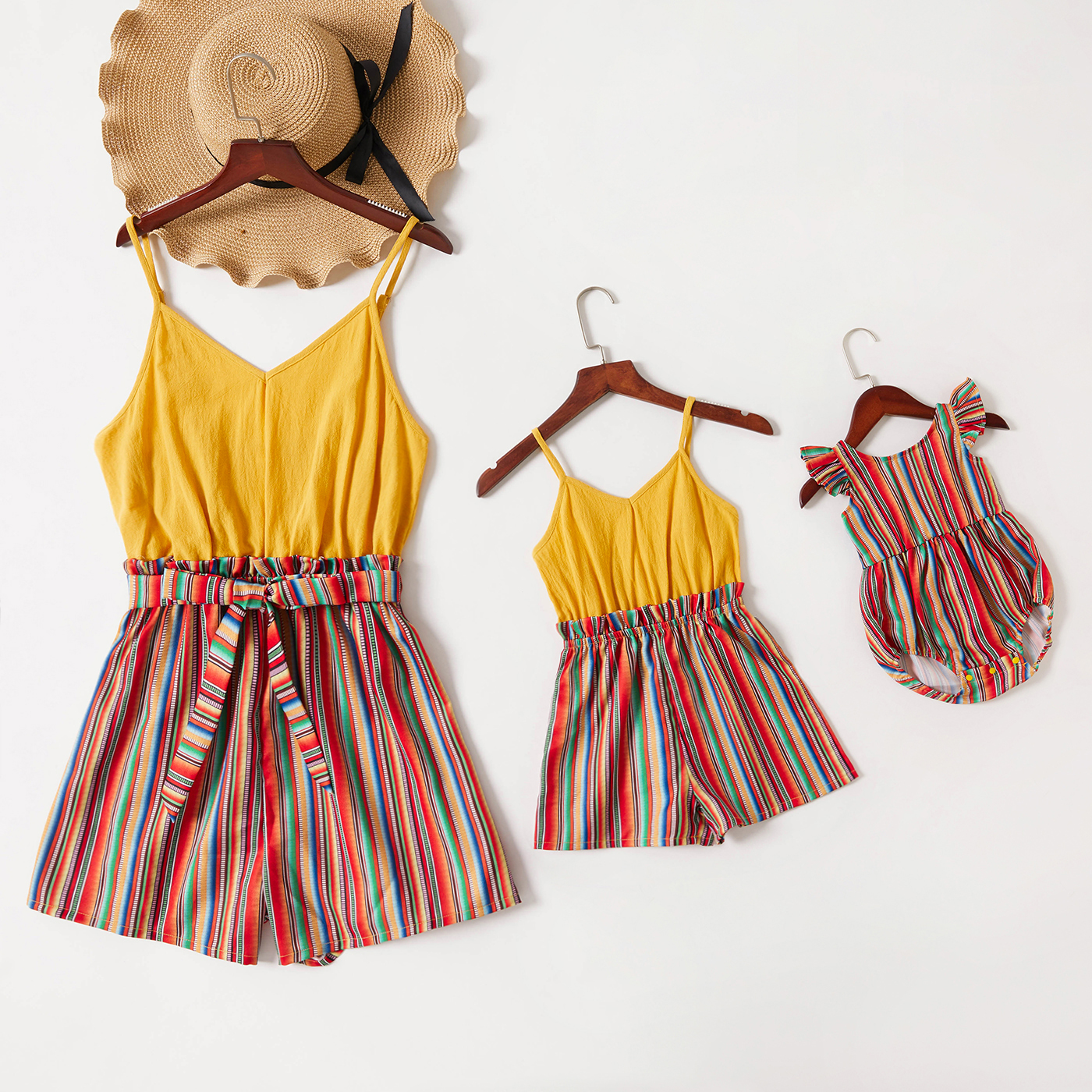 

100% Cotton Solid and Stripe Print Splicing Spaghetti Strap Shorts Romper for Mom and Me