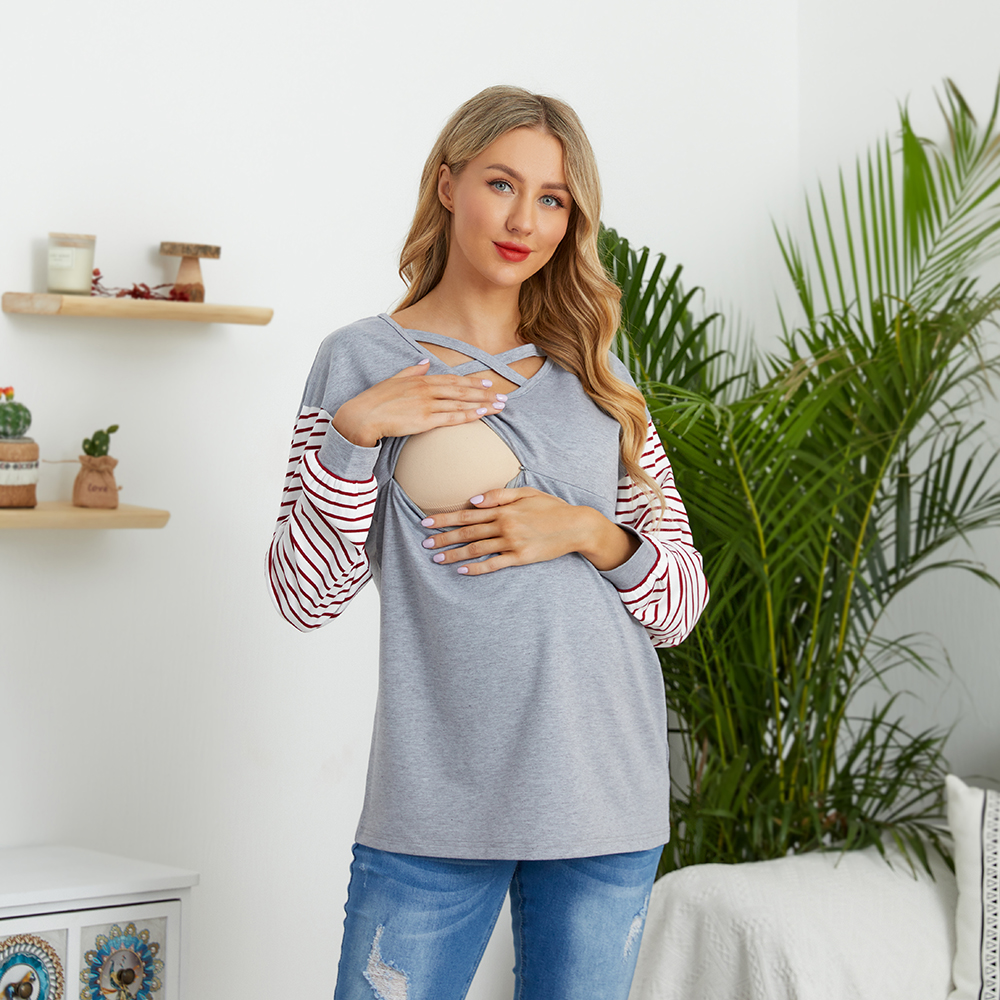 

Nursing Casual Stripe Print V-neck Long-sleeve Nursing Pullover