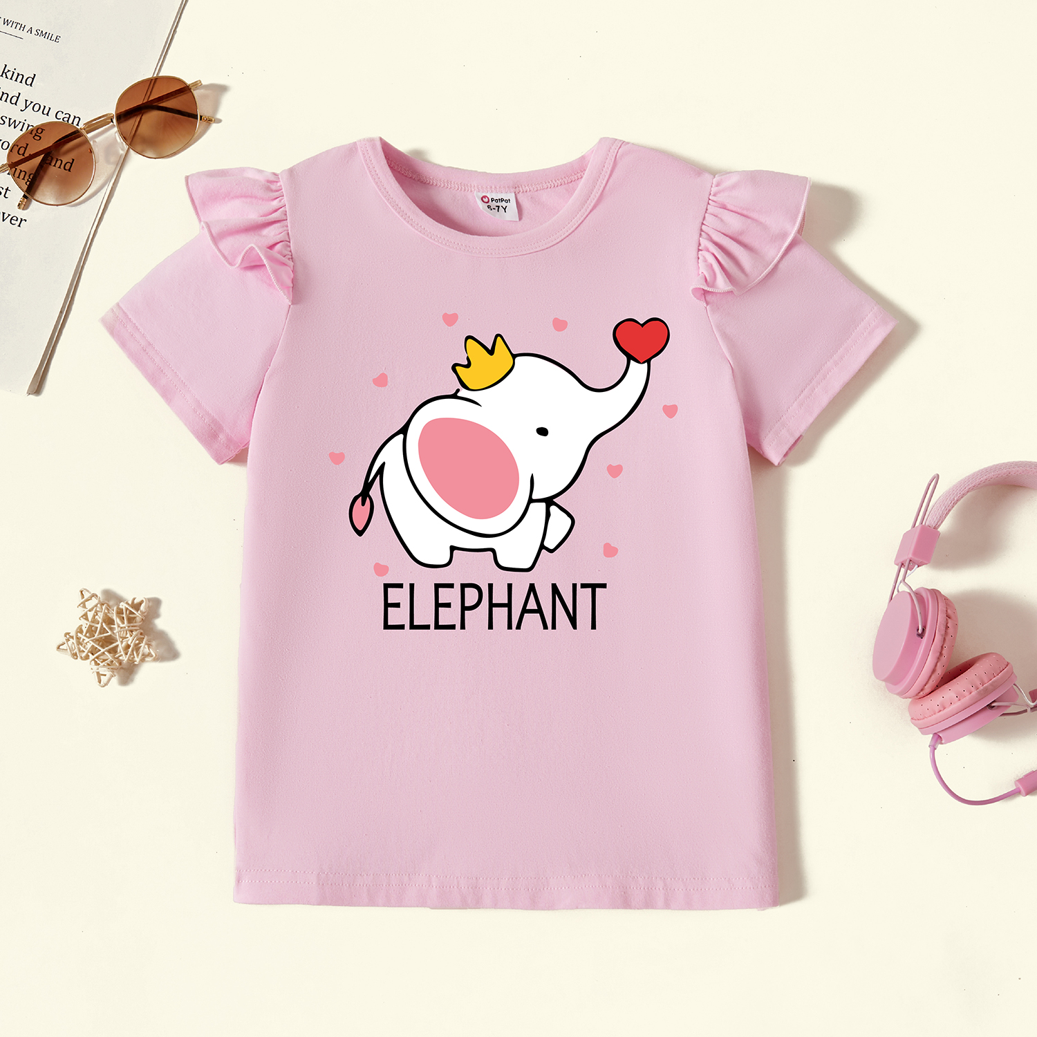 

Kid Girl Graphic Elephant and Heart and Letter Print Ruffled Short-sleeve Tee