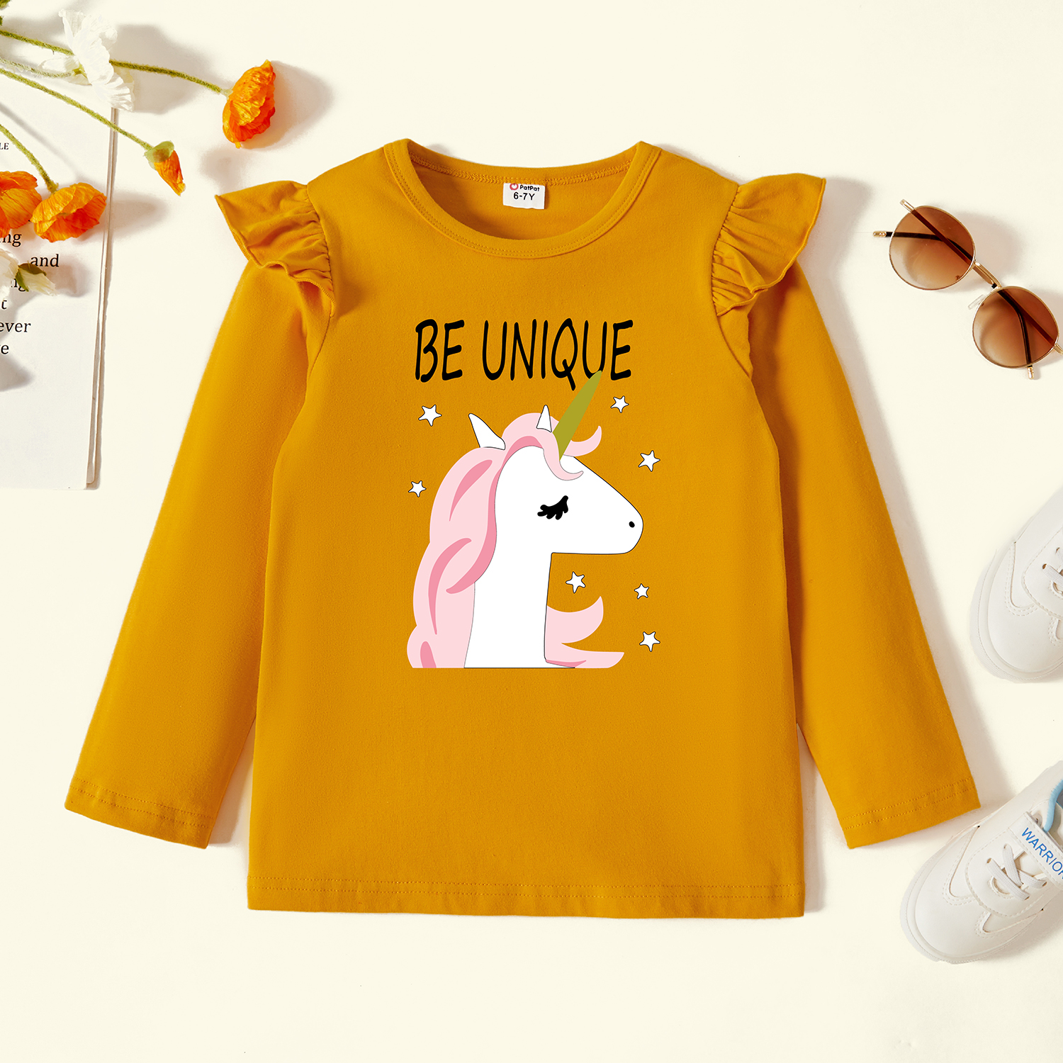 

Kid Girl Graphic Unicorn and Letter Print Ruffled Long-sleeve Tee
