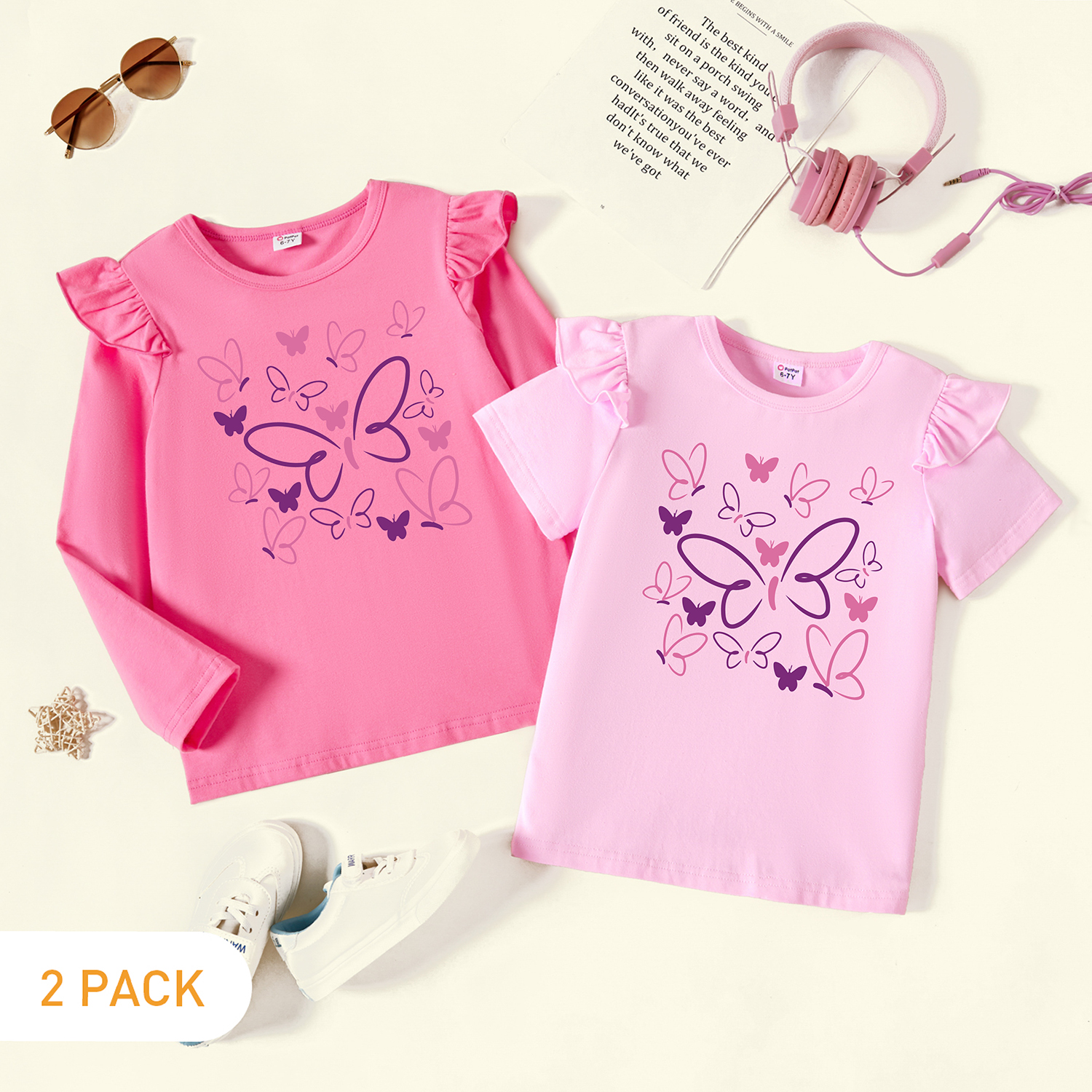 

2-Pack Kid Girl Graphic Butterfly Print Long-sleeve & Short-sleeve Tee Set