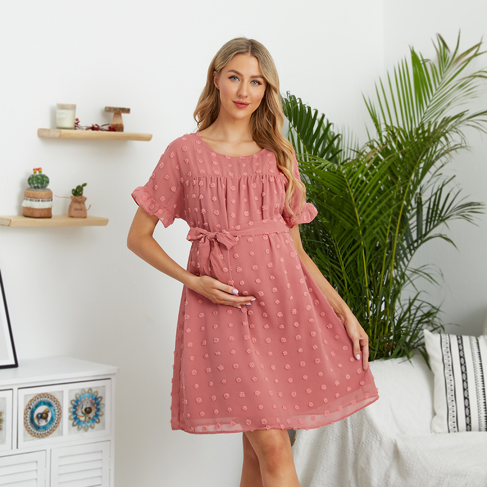 

Maternity Solid Dots Decor Round Neck H Short-sleeve Dress