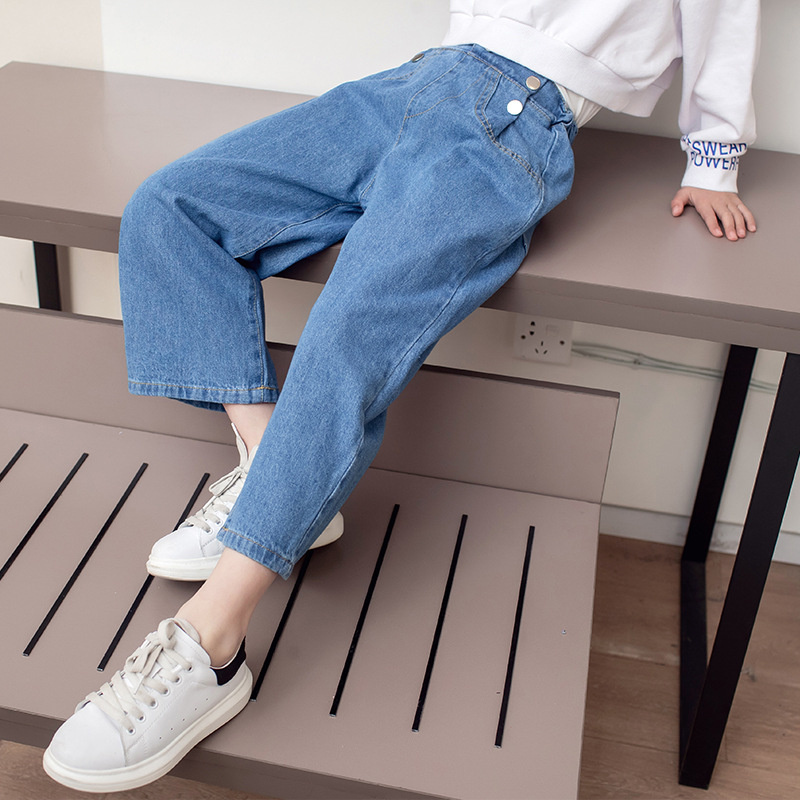 

Kid Girl Button Design Wide Leg Denim Jeans