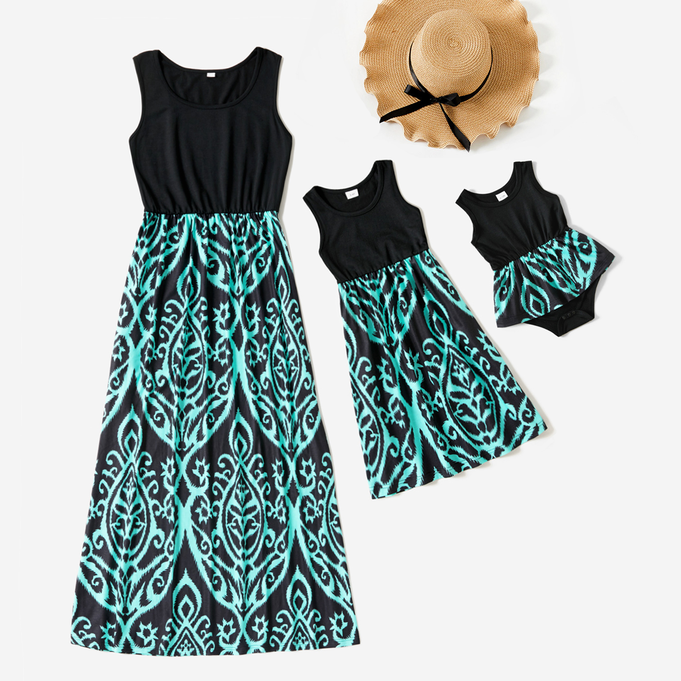 

Graphic Print Splicing Sleeveless Tank Midi Dress for Mom and Me
