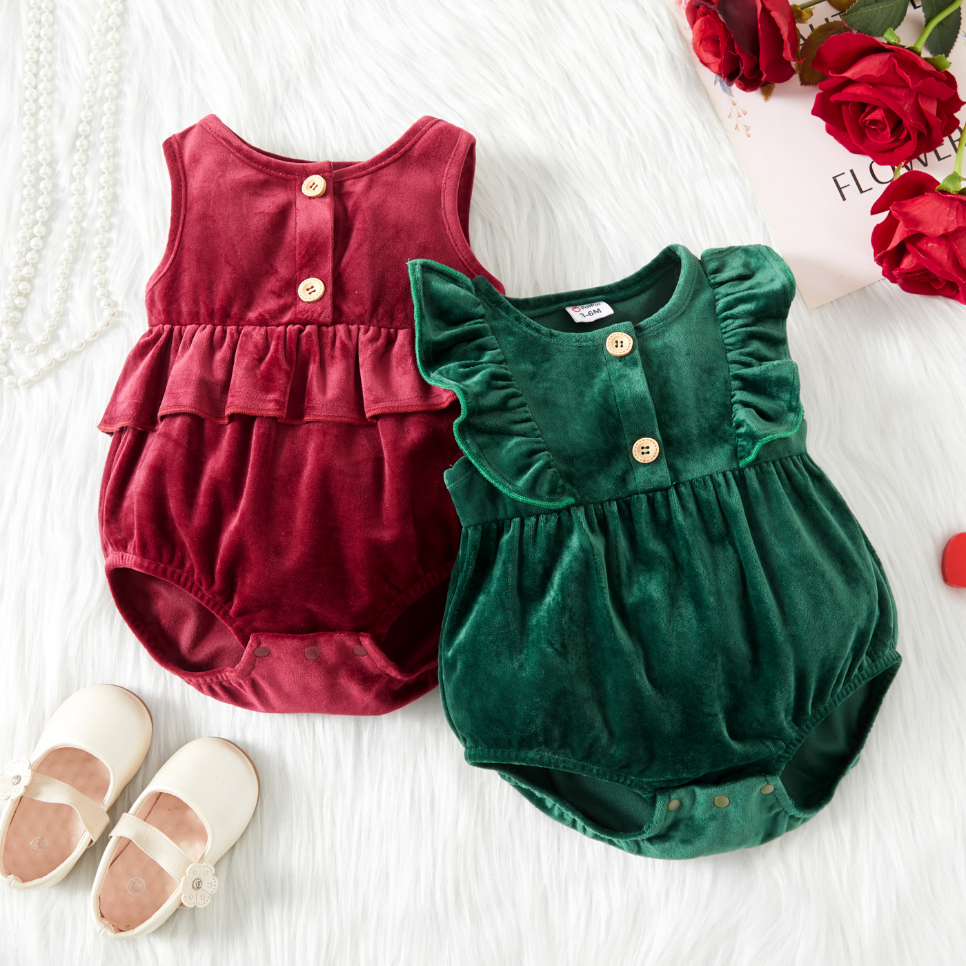 

Baby Girl Solid Velvet Ruffle Sleeveless Romper