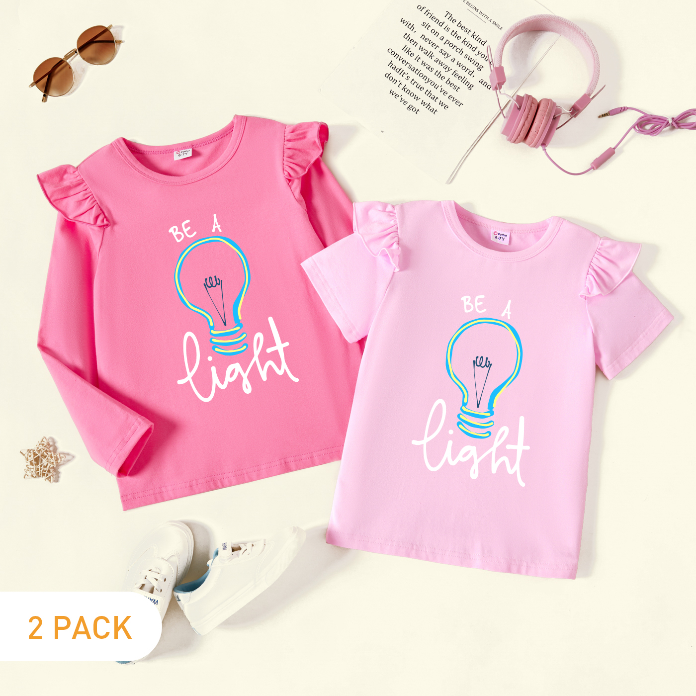 

2-Pack Kids Girl Graphic Flutter-sleeve Tee Set