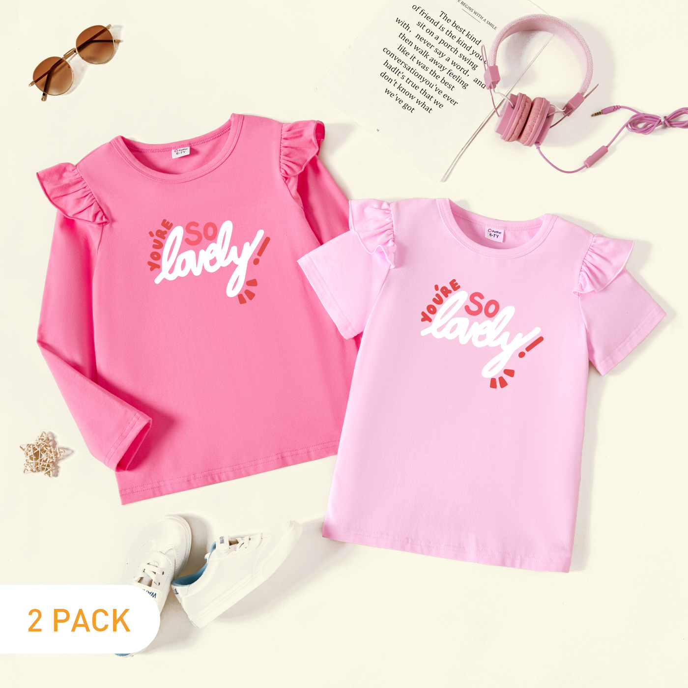 

2-Pack Kids Girl Graphic Flutter-sleeve Tee Set