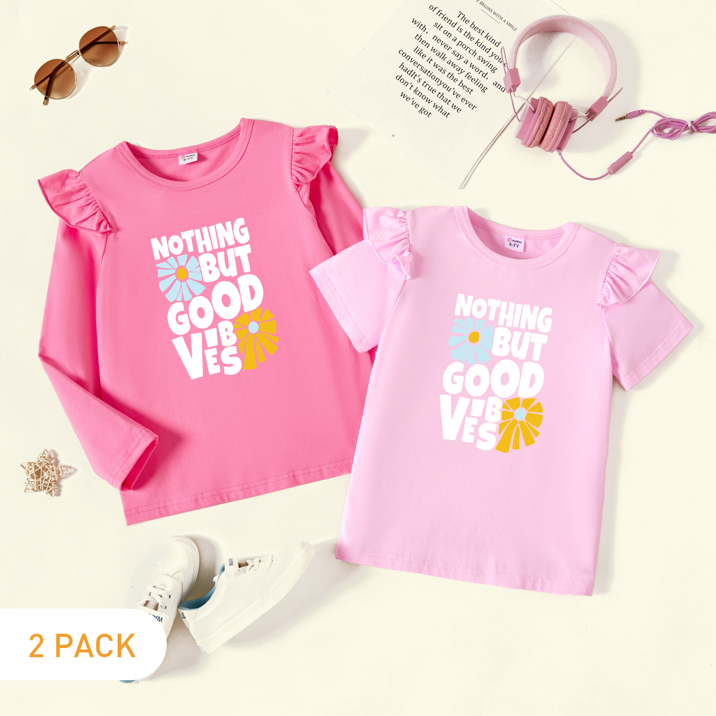 

2-Pack Kids Girl Graphic Flutter-sleeve Tee Set