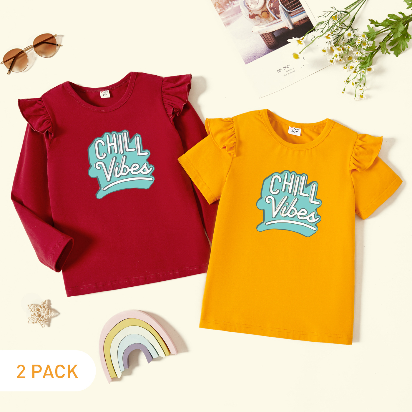 

2-Pack Kids Girl Graphic Flutter-sleeve Tee Set
