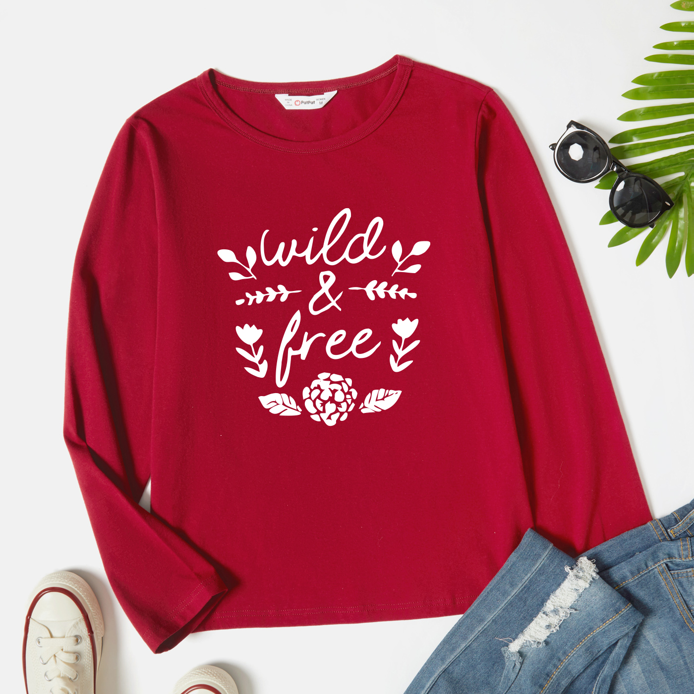 

Graphic Burgundy Long-sleeve Round-collar Tee for Women