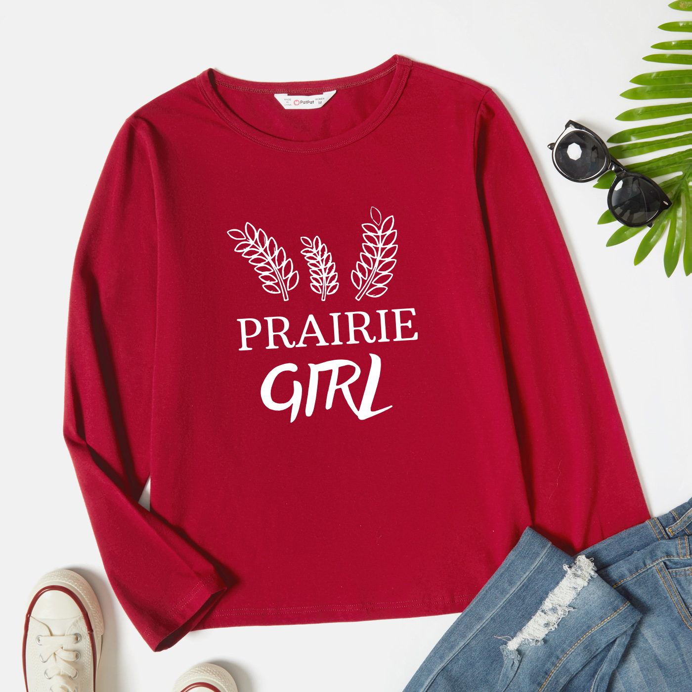 

Graphic Burgundy Long-sleeve Round-collar Tee for Women