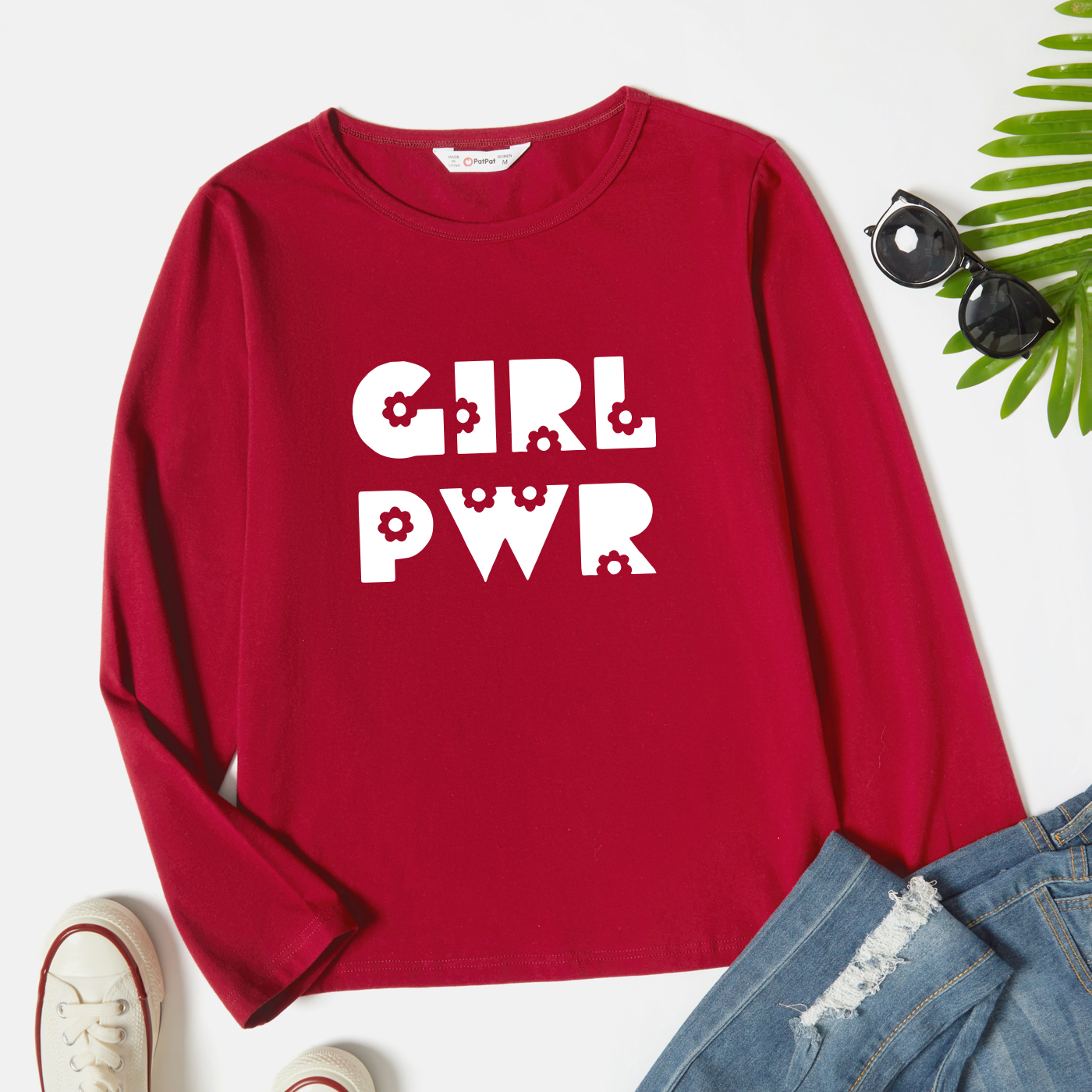 

Graphic Burgundy Long-sleeve Round-collar Tee for Women