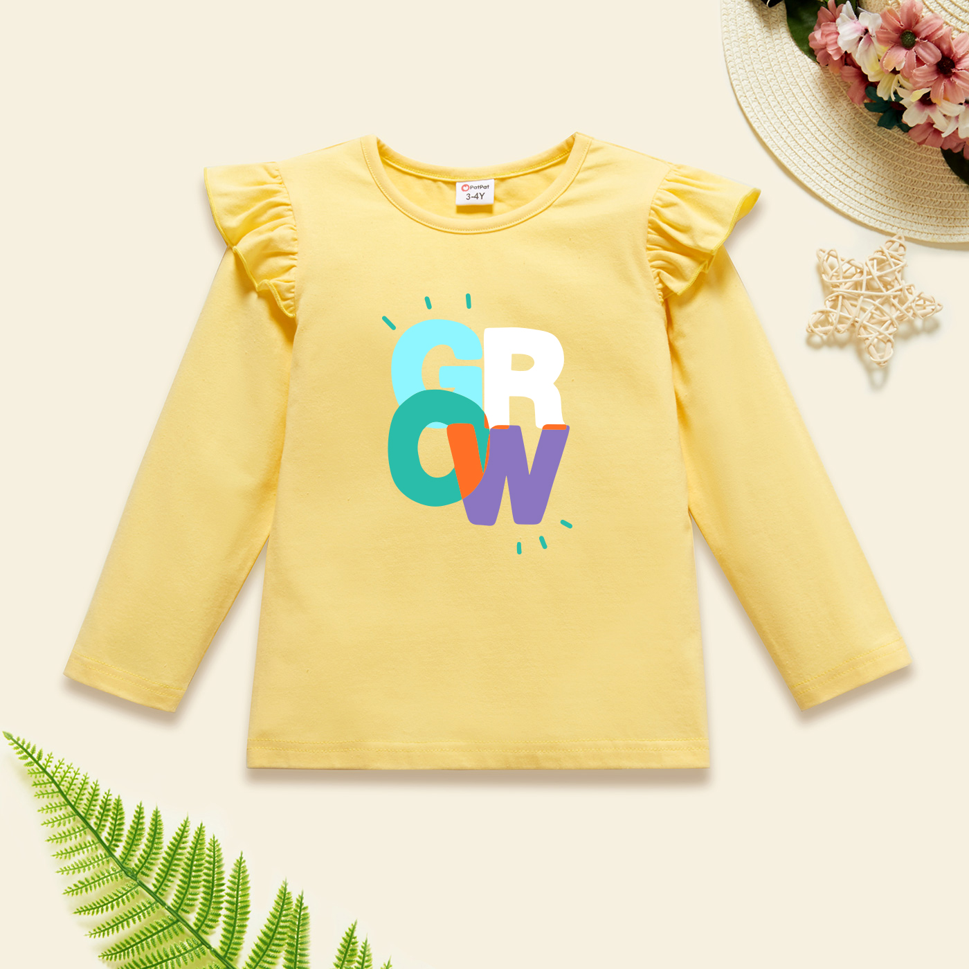

Toddler Graphic Flutter-sleeve Beige Long-sleeve Tee