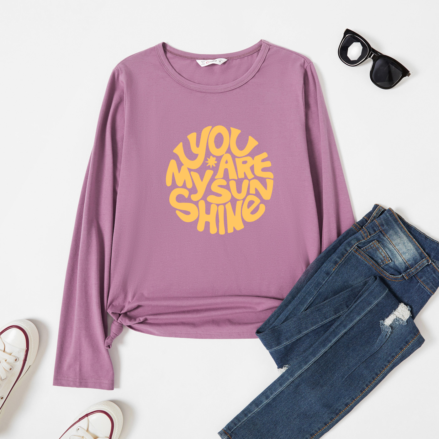 

Graphic Lavender Purple Long-sleeve Round-collar Tee for Women