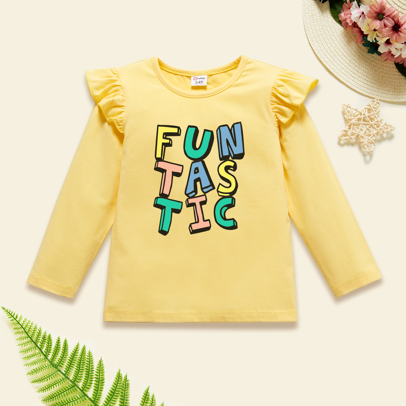 

Toddler Graphic Flutter-sleeve Beige Long-sleeve Tee