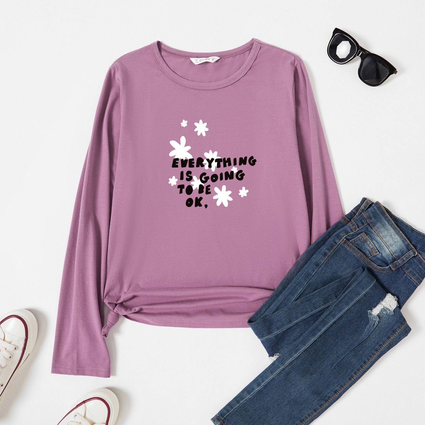 

Graphic Lavender Purple Long-sleeve Round-collar Tee for Women