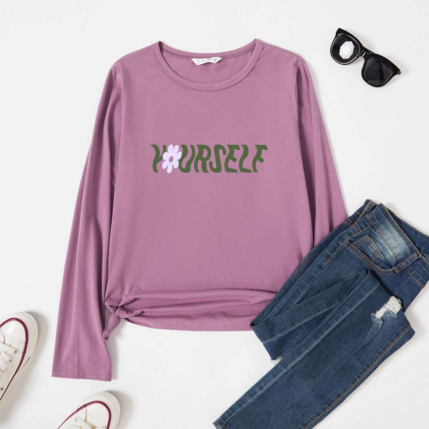 

Graphic Lavender Purple Long-sleeve Round-collar Tee for Women