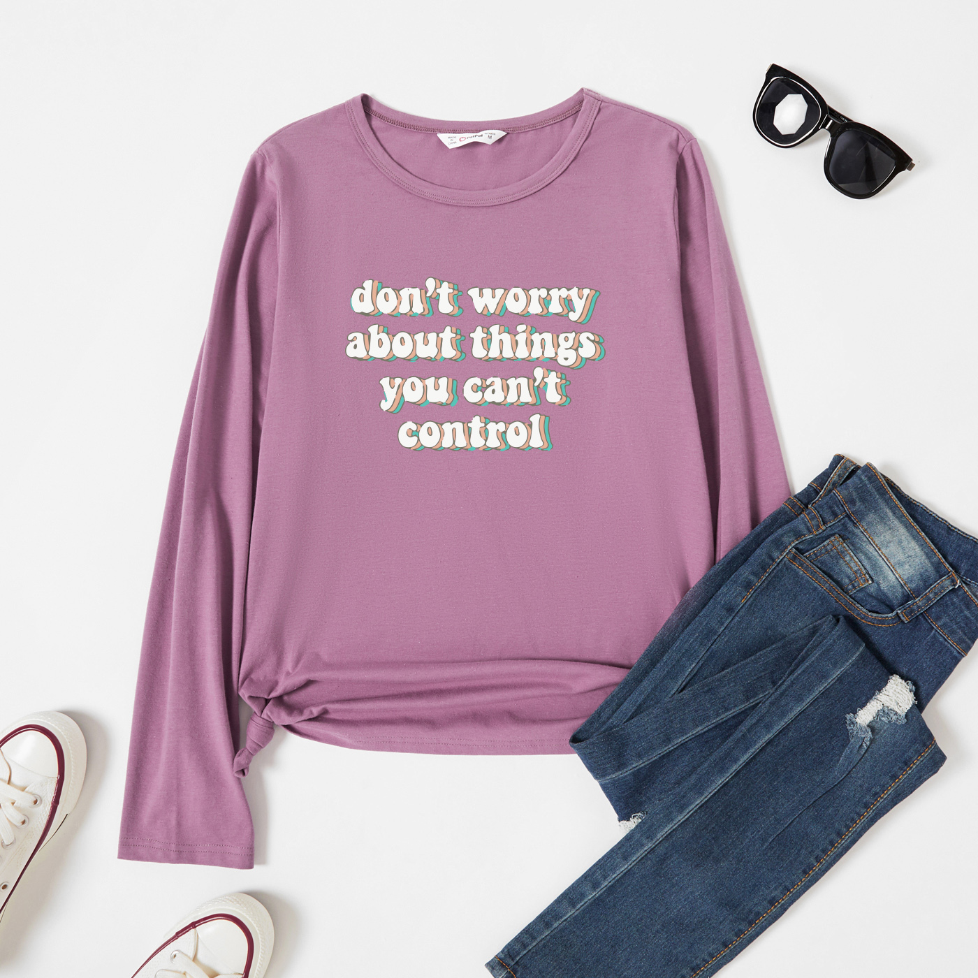 

Graphic Lavender Purple Long-sleeve Round-collar Tee for Women