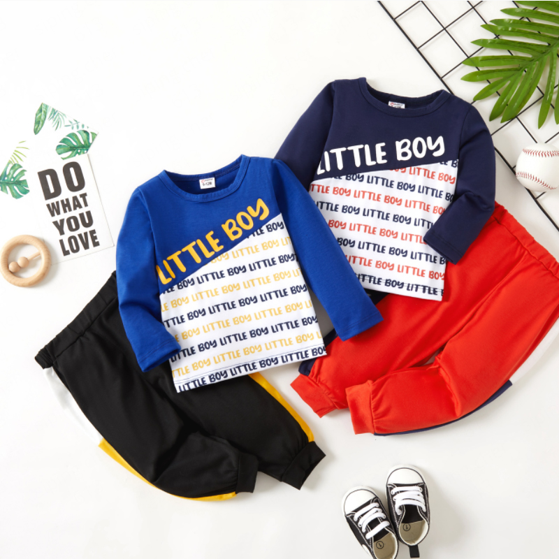 

2-piece Baby Boy Letter Print Colorblock Long-sleeve Top and Elasticized Pants Set