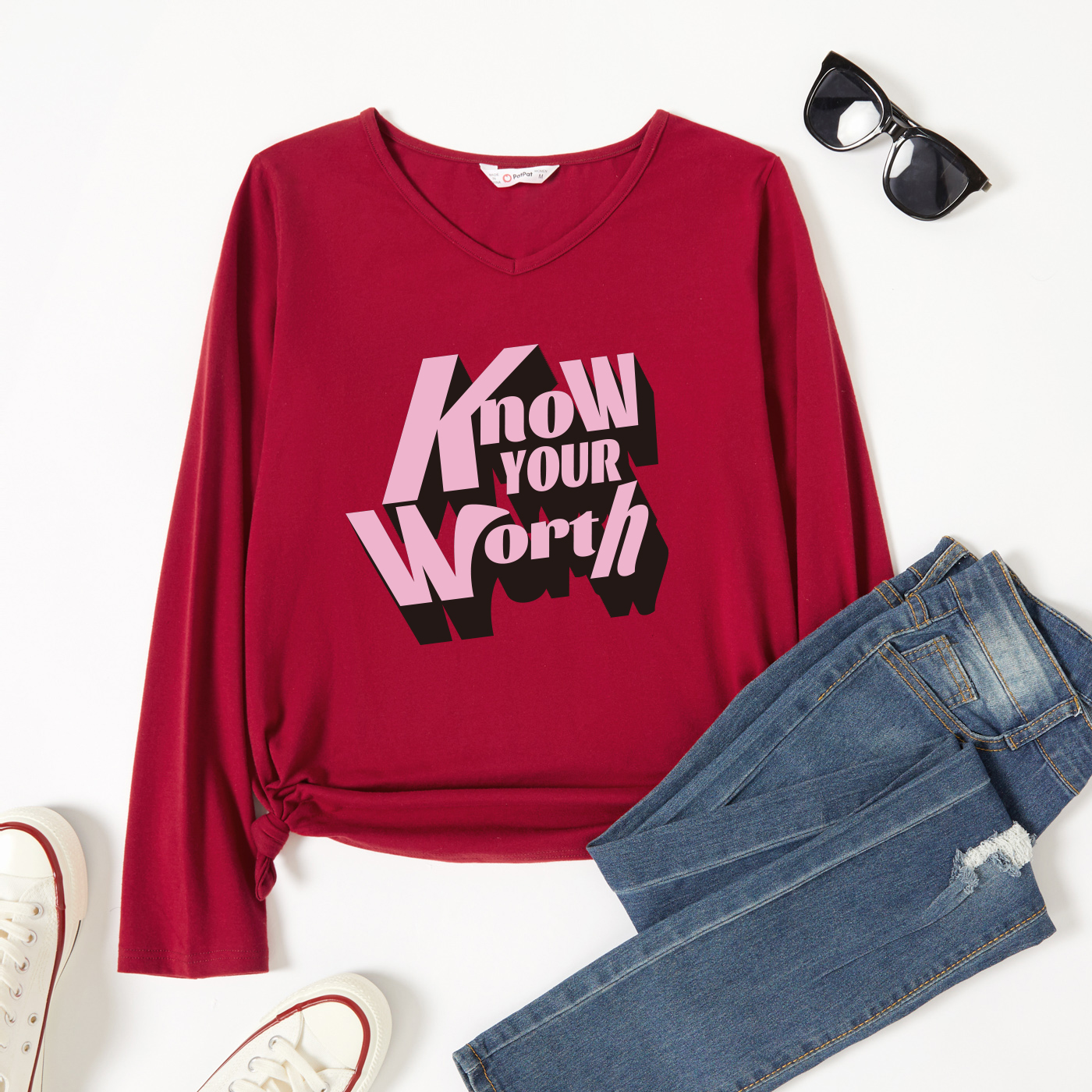 

Graphic Burgundy Long-sleeve V Neck Tee for Women