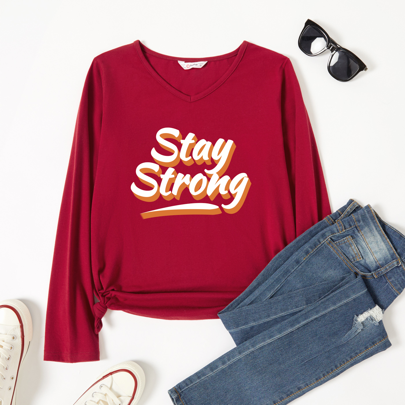 

Graphic Burgundy Long-sleeve V Neck Tee for Women
