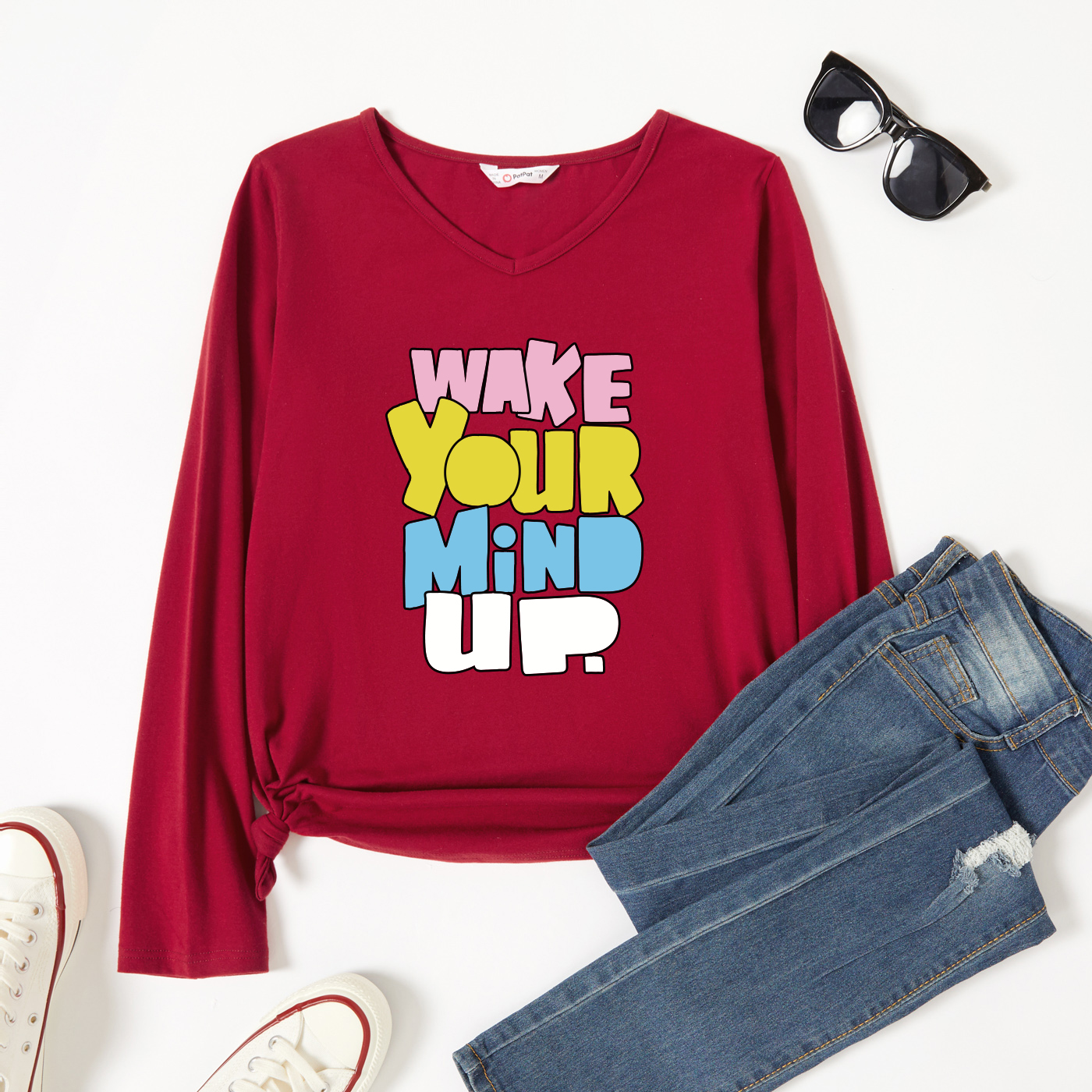 

Graphic Burgundy Long-sleeve V Neck Tee for Women