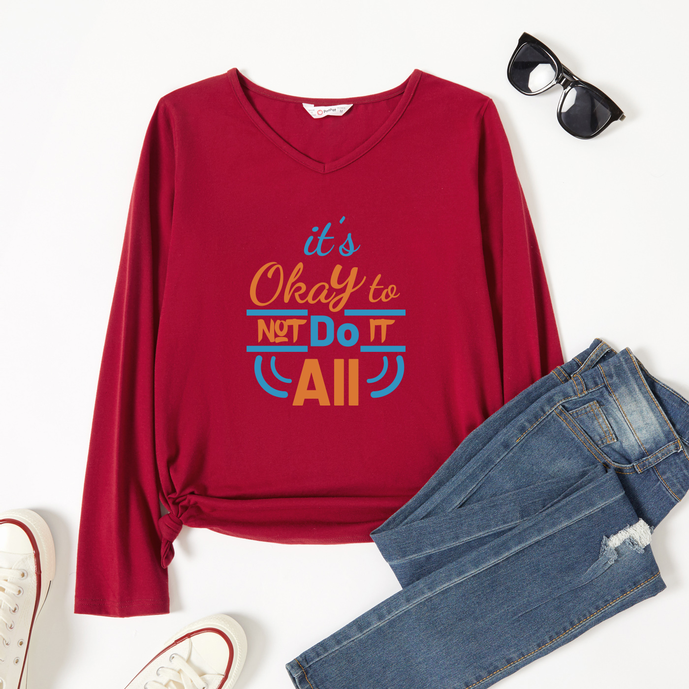 

Graphic Burgundy Long-sleeve V Neck Tee for Women