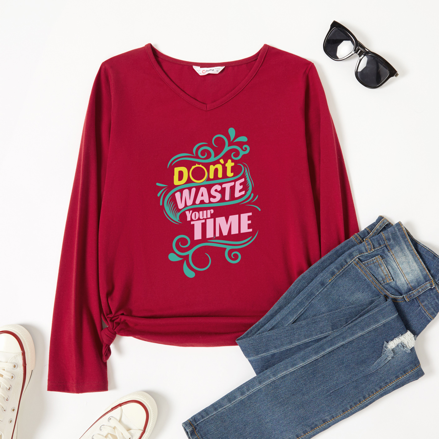

Graphic Burgundy Long-sleeve V Neck Tee for Women