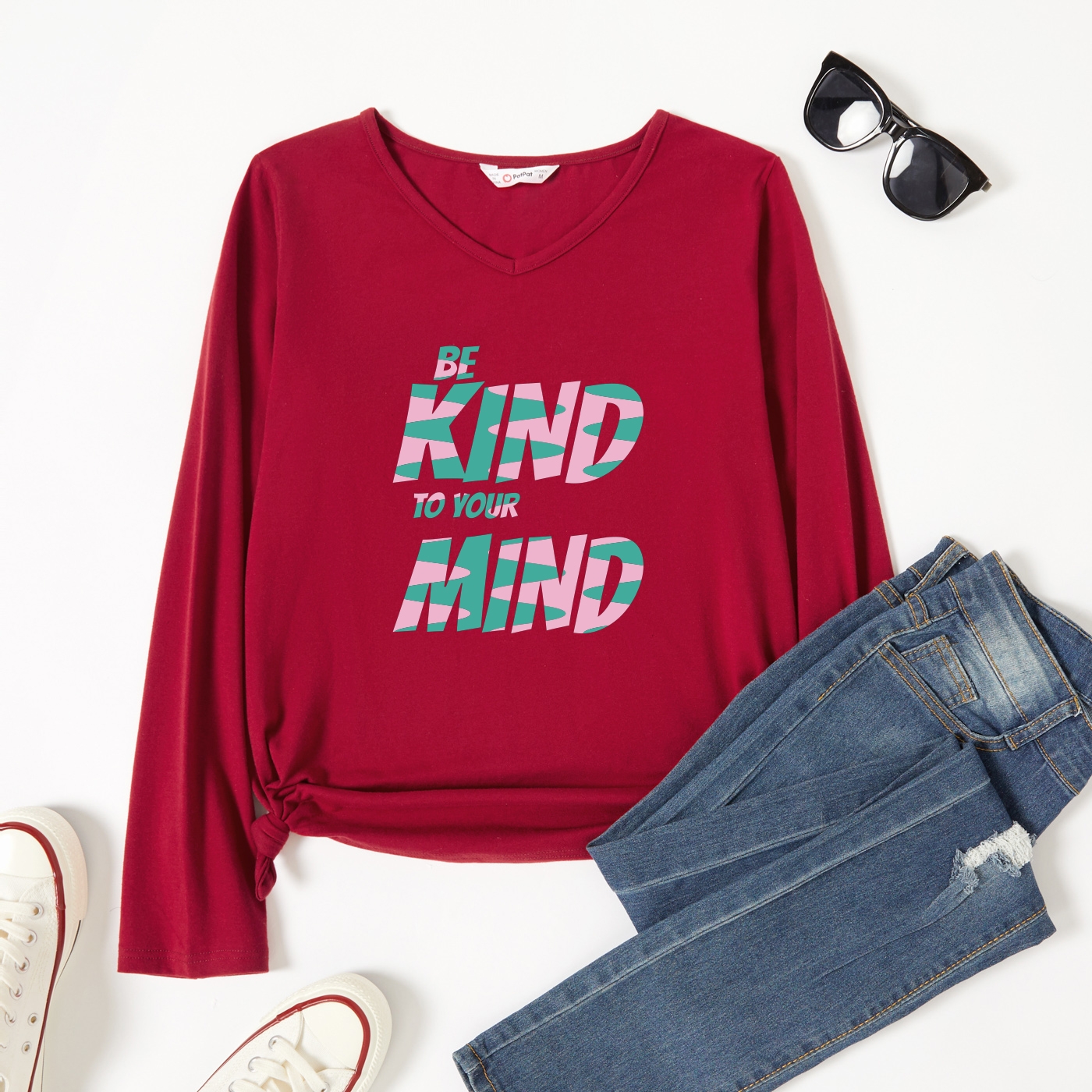 

Graphic Burgundy Long-sleeve V Neck Tee for Women