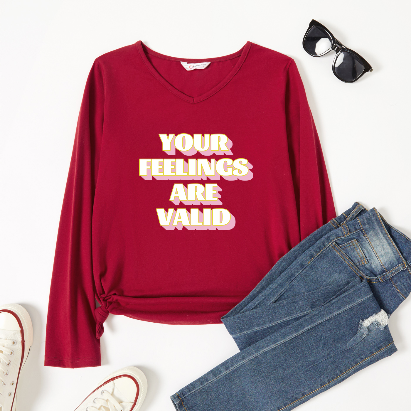 

Graphic Burgundy Long-sleeve V Neck Tee for Women