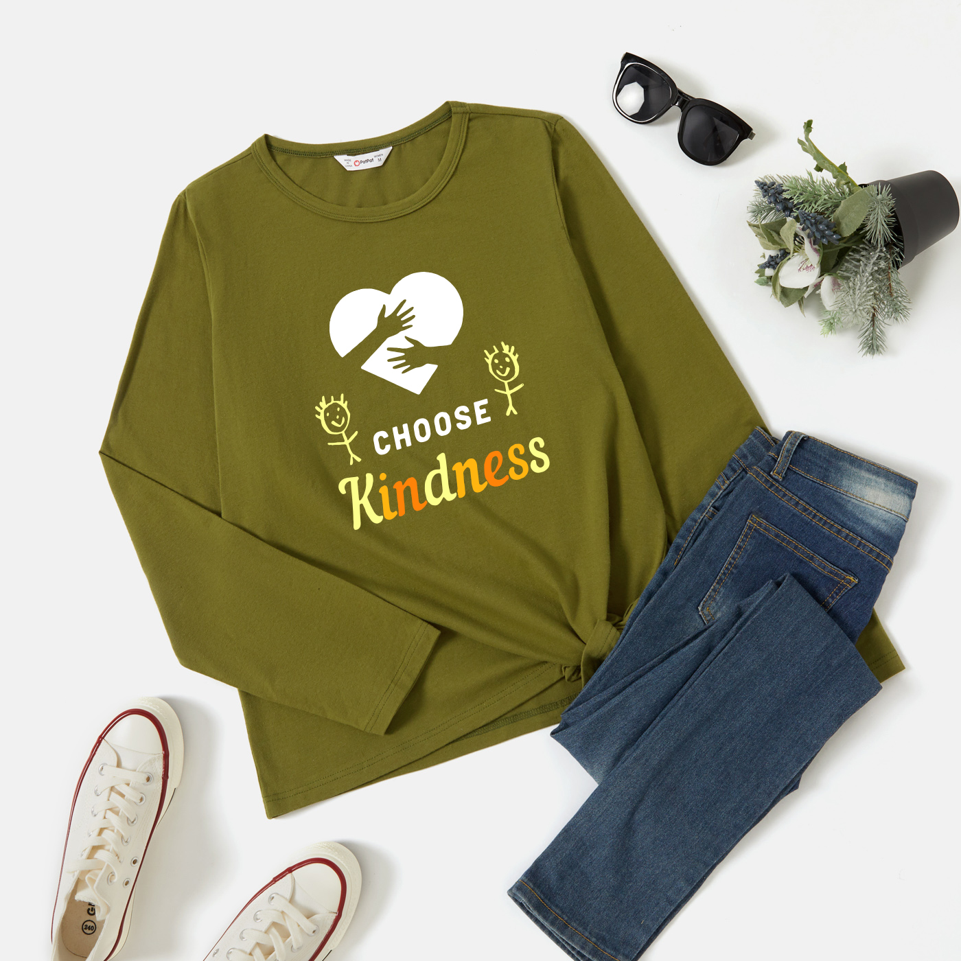 

Graphic Army green Long-sleeve Round-collar Tee for Women