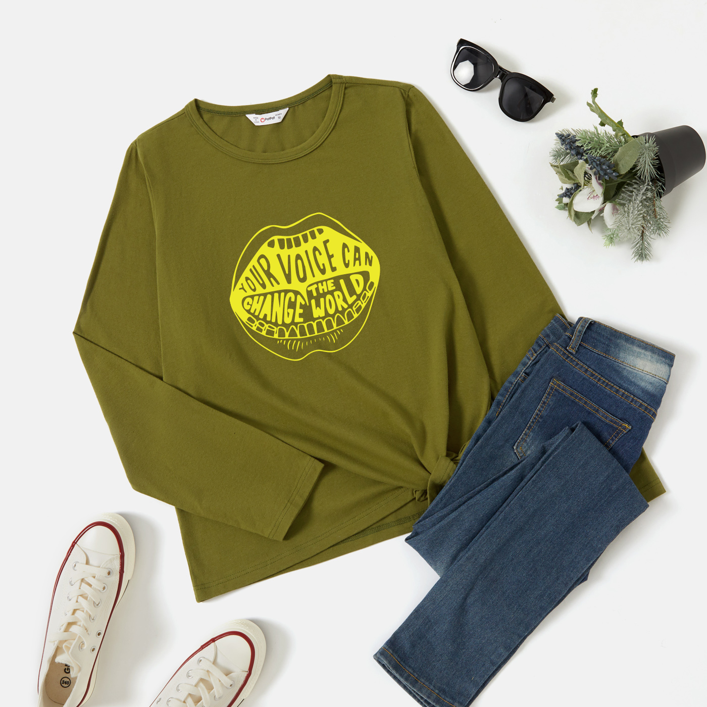 

Graphic Army green Long-sleeve Round-collar Tee for Women