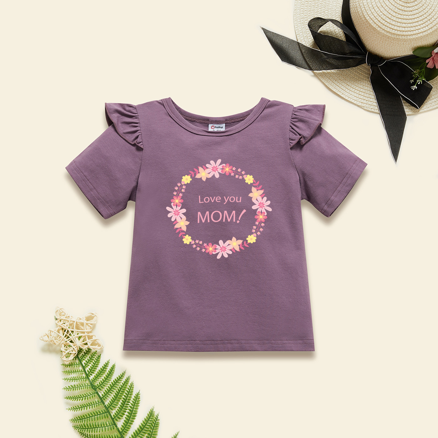 

Toddler Girl Graphic Floral and Letter Print Ruffled Short-sleeve Tee