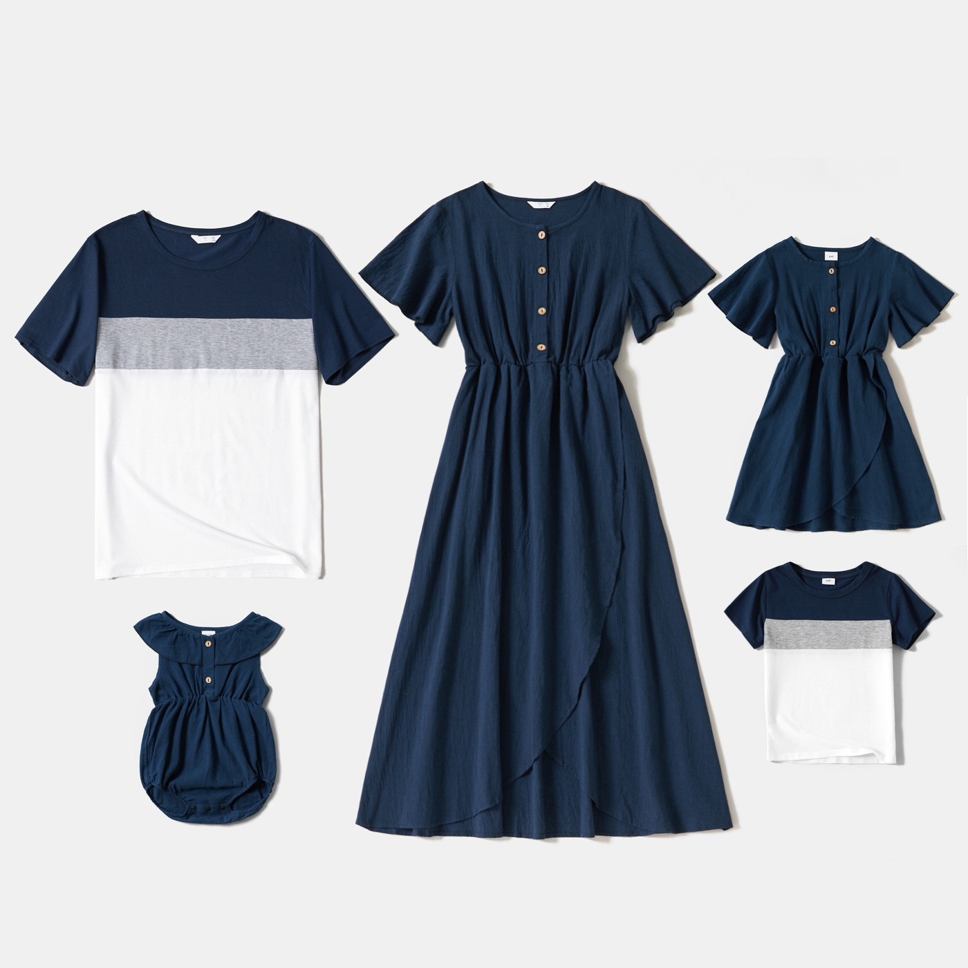 

Solid Navy Blue Family Matching Sets(Short-sleeve Dresses and Colorblock T-shirts)