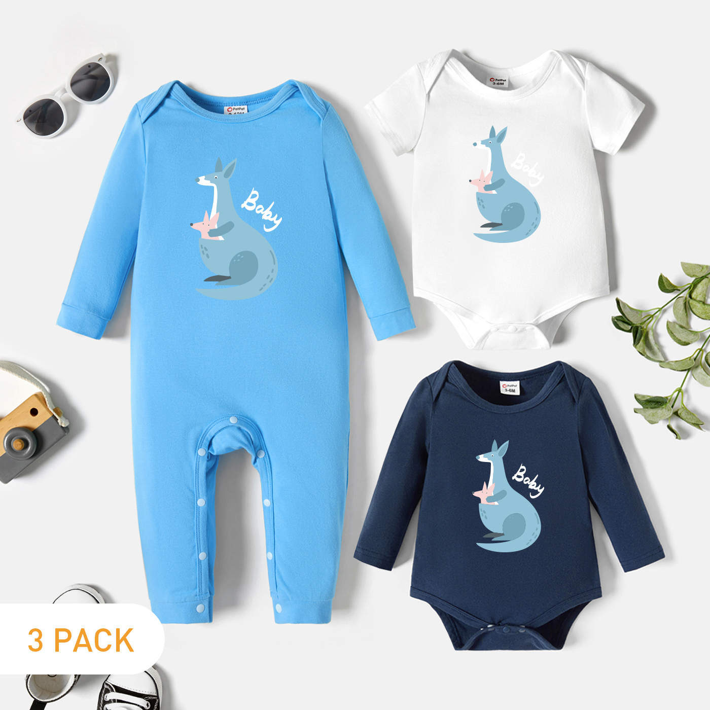 

3-Pack Baby Graphic Kangaroo and Letter Print Romper Jumpsuit Set
