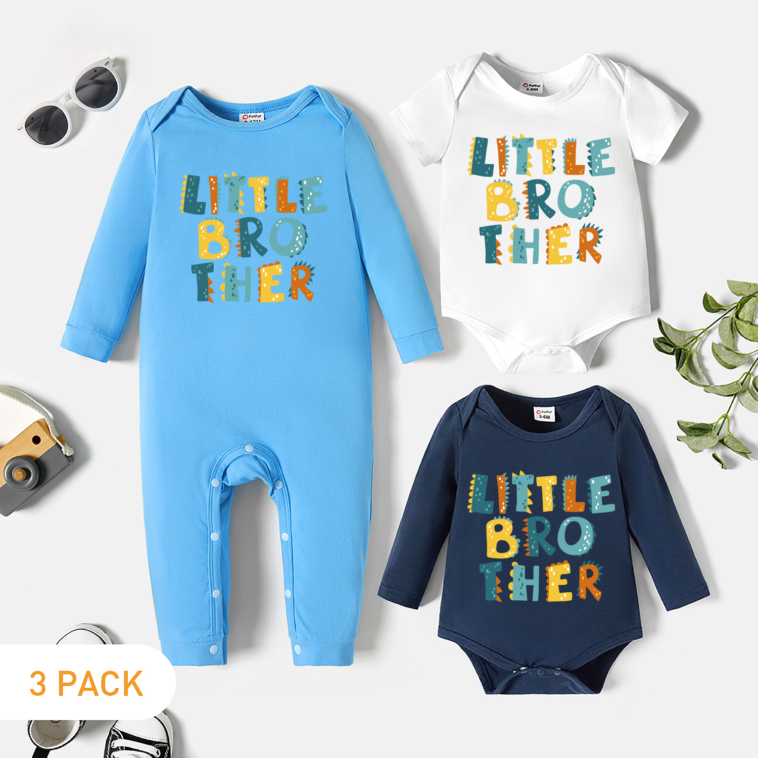 

3-Pack Baby Graphic Letter and Dinosaur Print Romper Jumpsuit Set