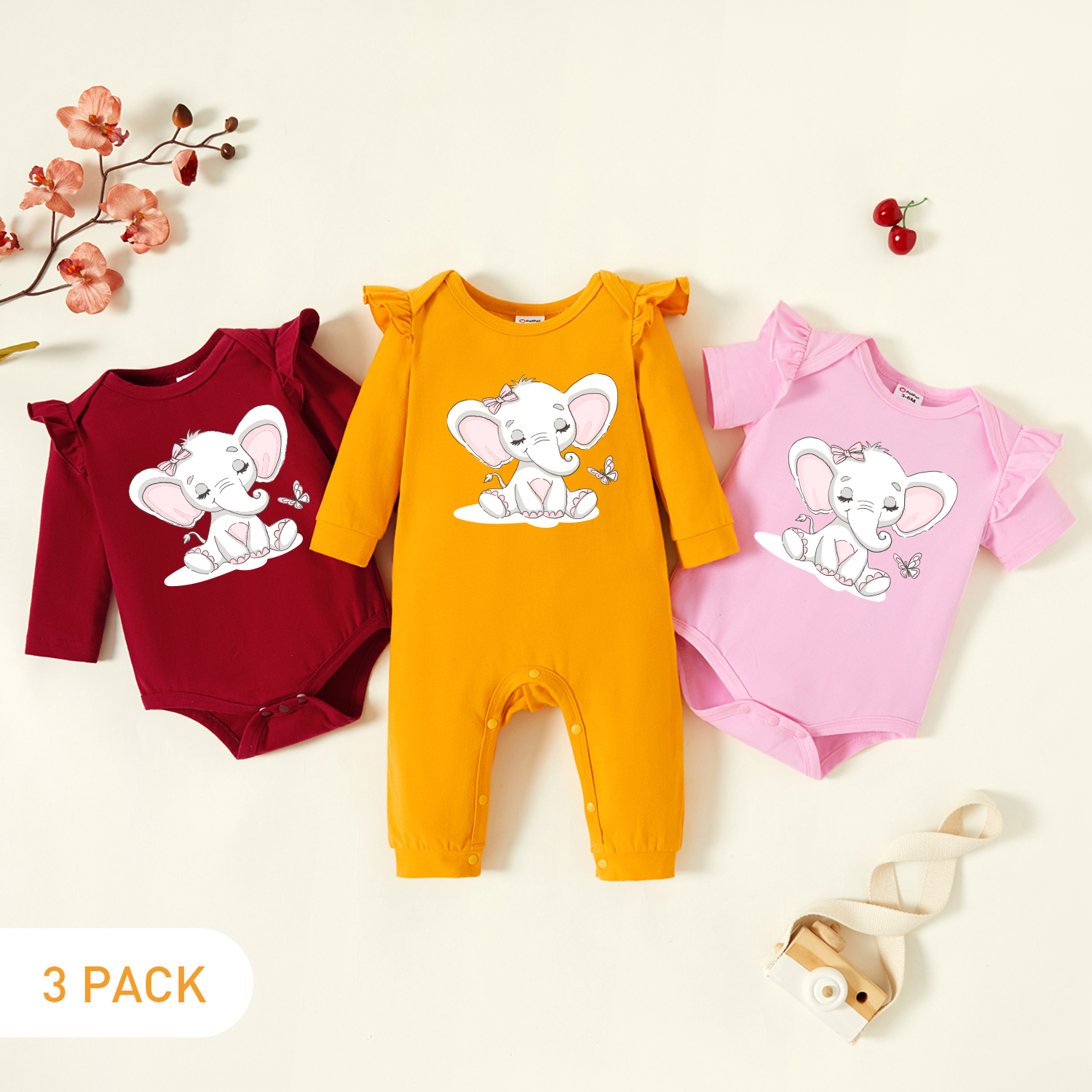 

3-Pack Baby Girl Graphic Elephant Print Ruffled Romper Jumpsuit Set