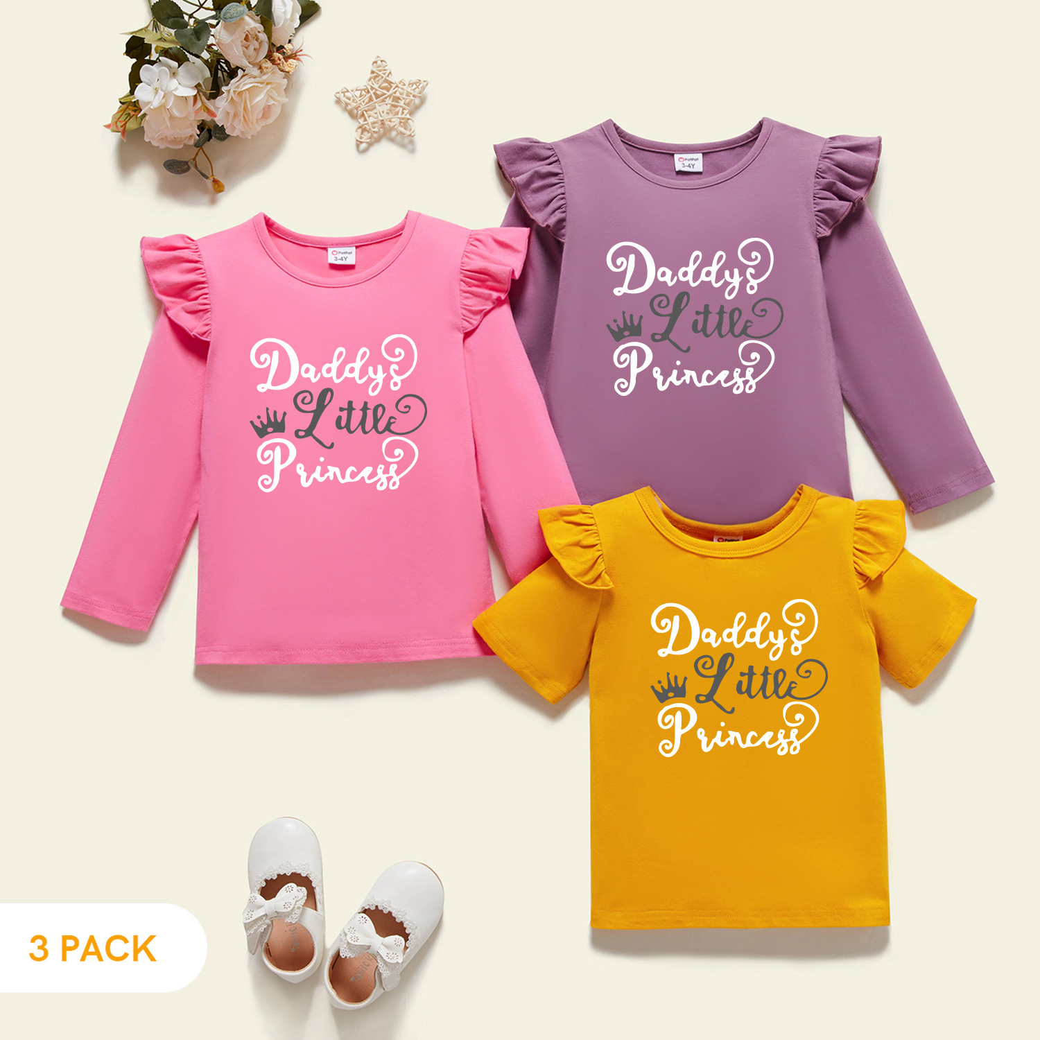 

3-Pack Toddler Girl Graphic Letter Print Ruffled Long-sleeve & Short-sleeve Tee Set