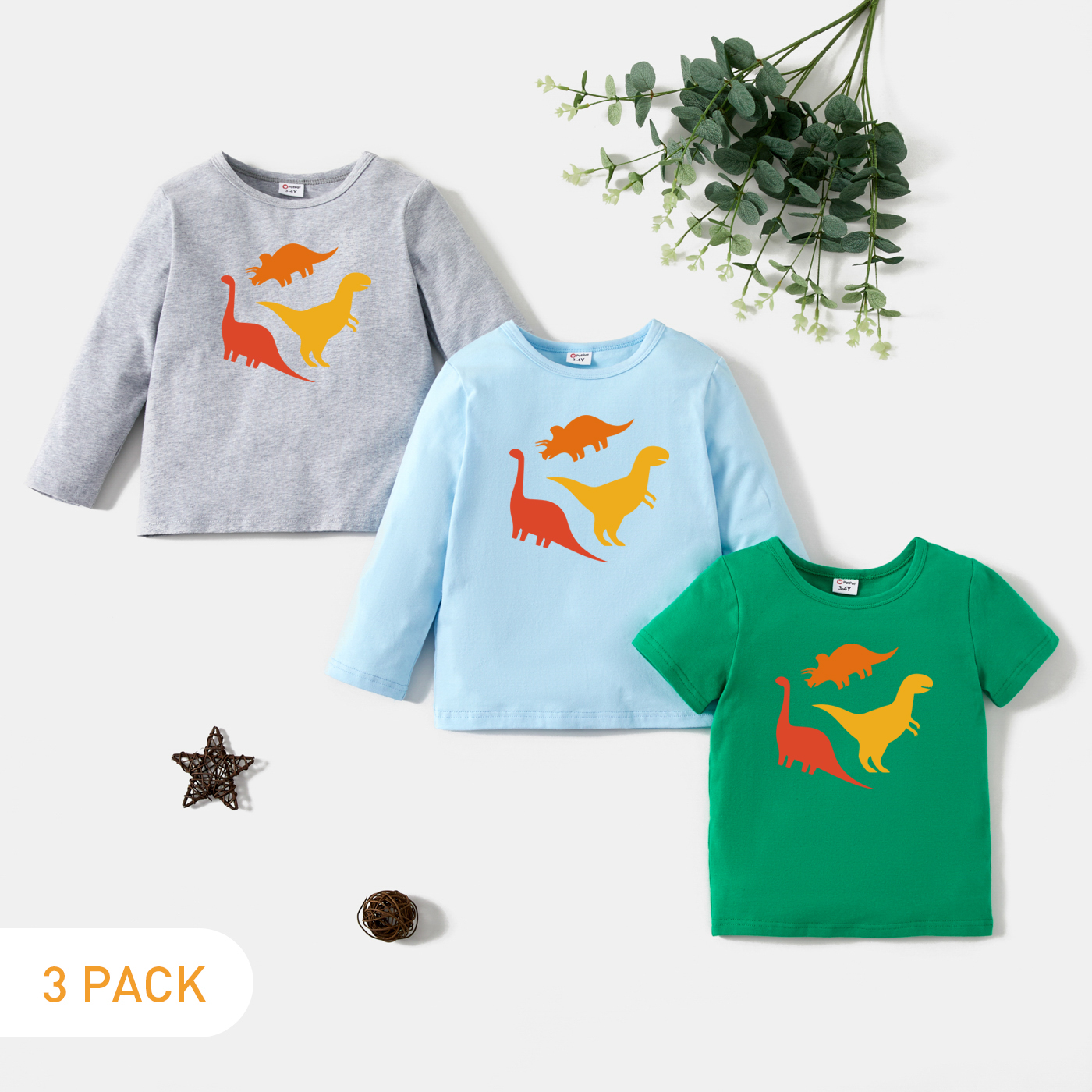 

3-Pack Toddler Graphic Dinosaur Print Long-sleeve & Short-sleeve Tee Set