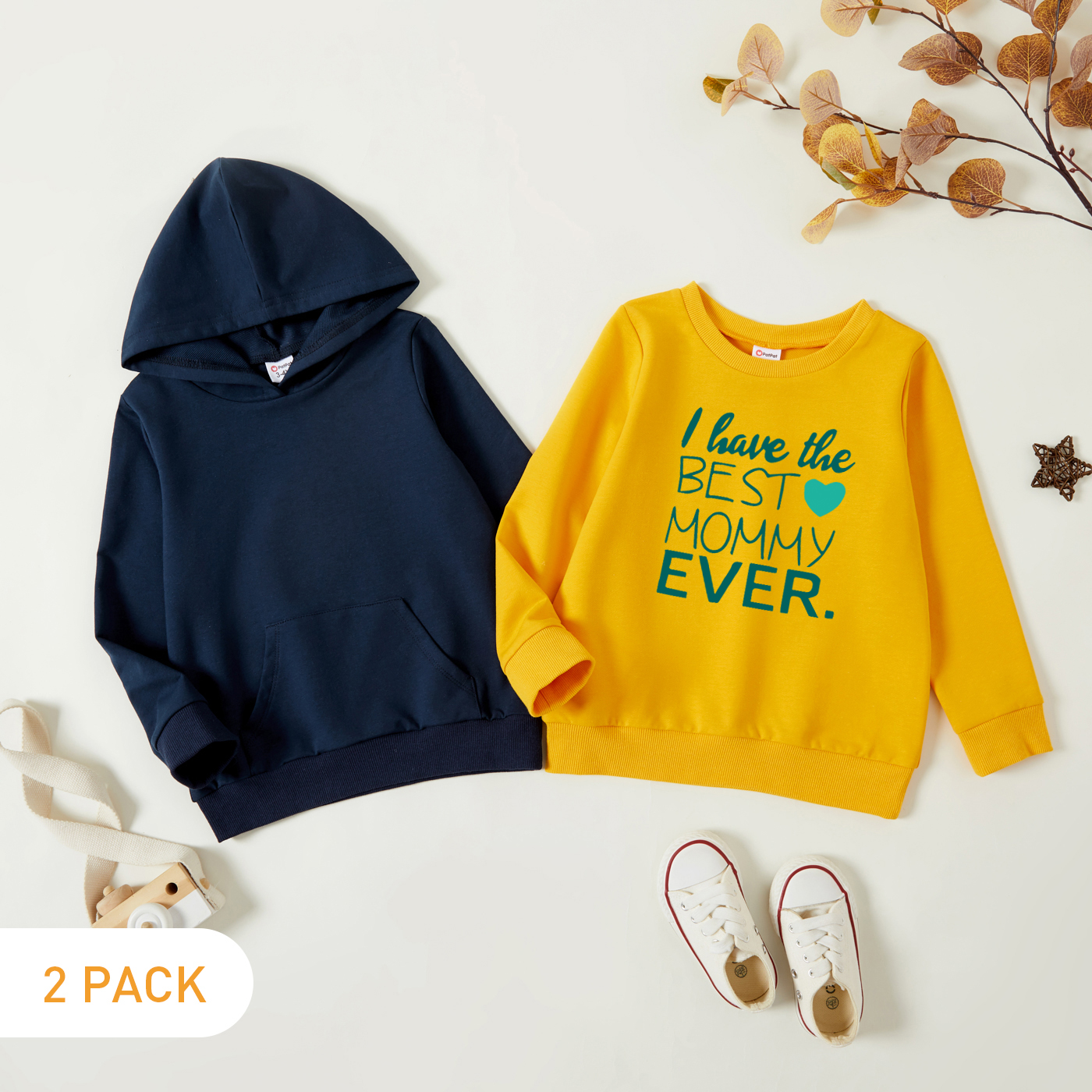 

2-Pack Toddler Graphic Letter and Heart Print Long-sleeve Pullover & Hooded Pullover Set