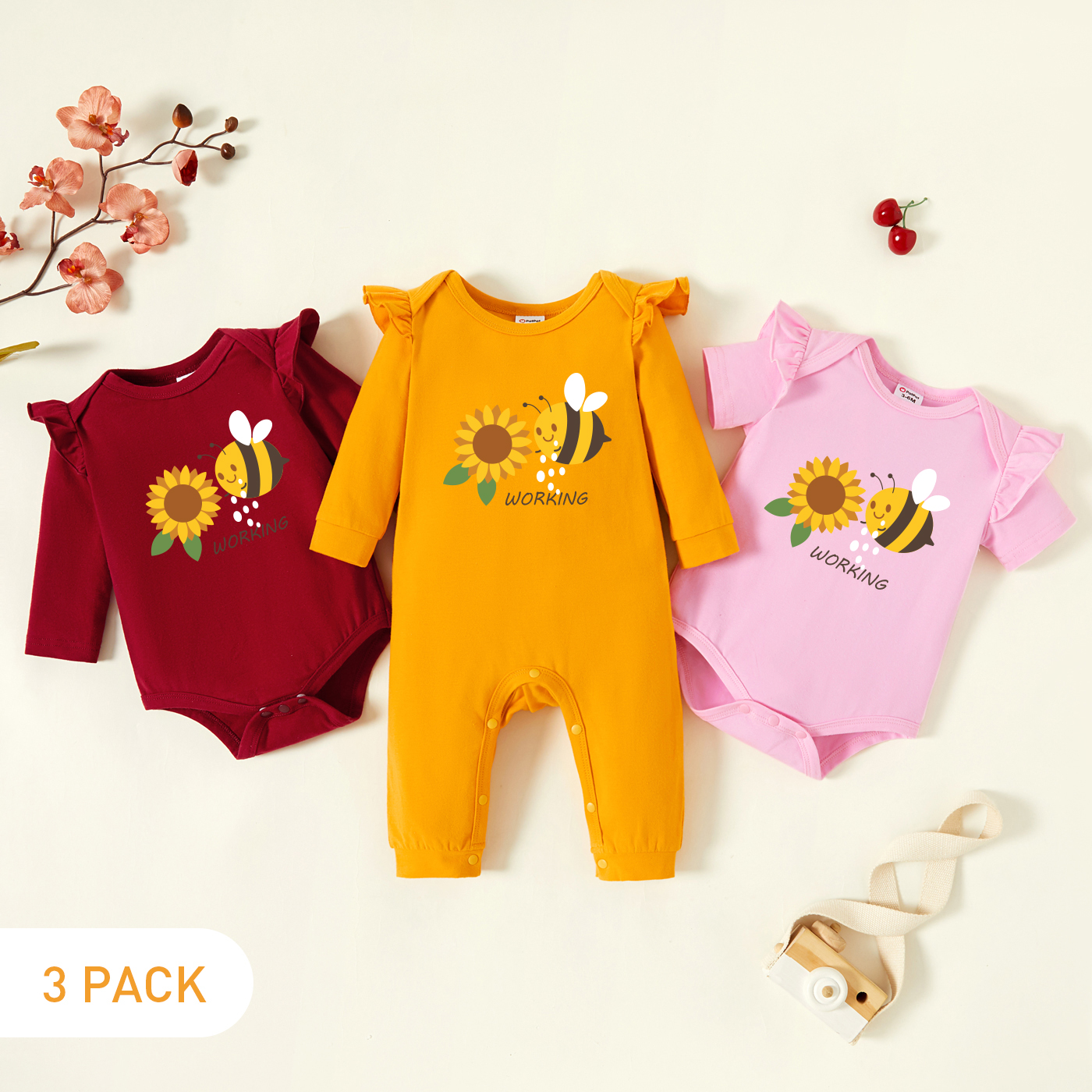 

3-Pack Baby Graphic Flutter-sleeve Romper and Jumpsuit Set