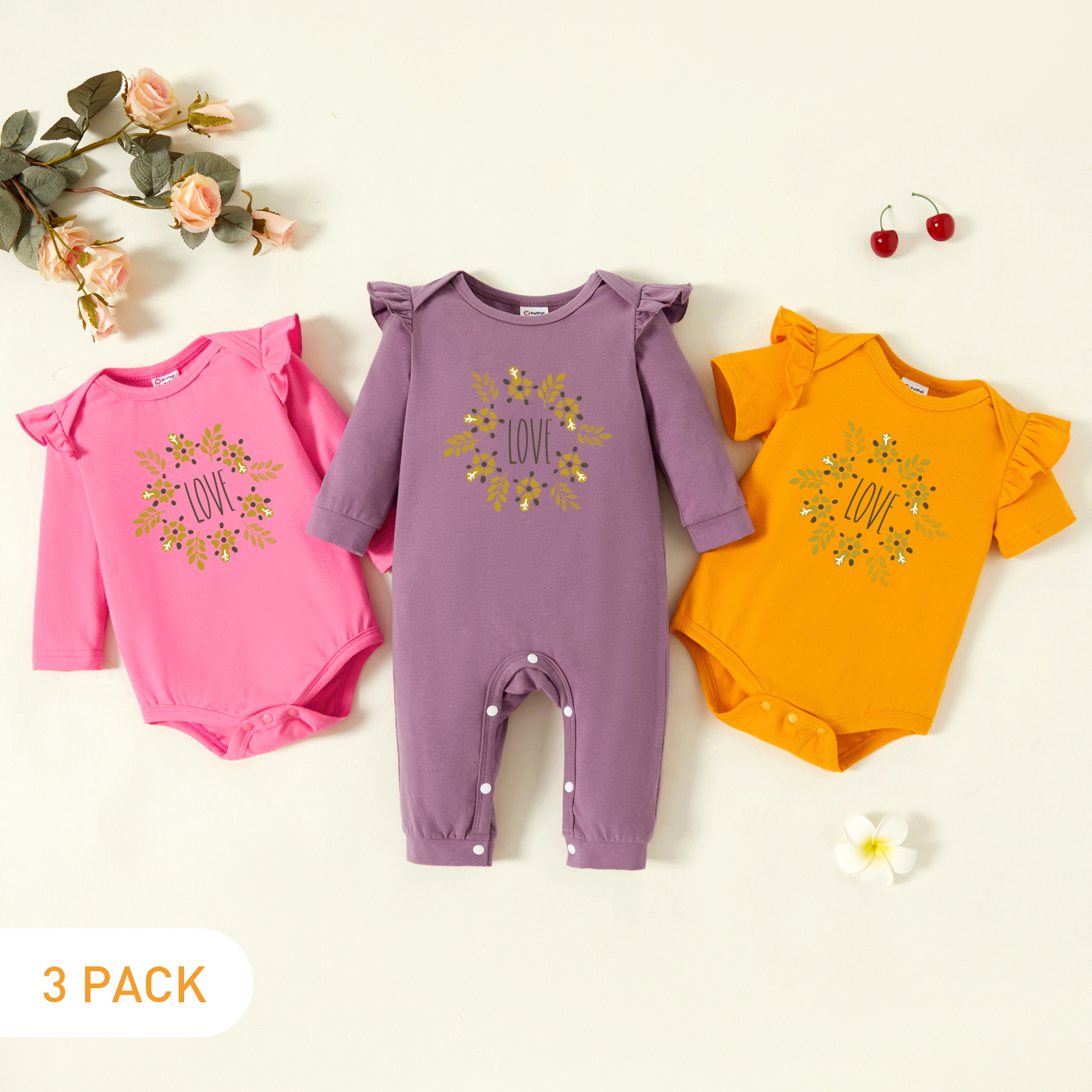 

3-Pack Baby Graphic Flutter-sleeve Romper and Jumpsuit Set