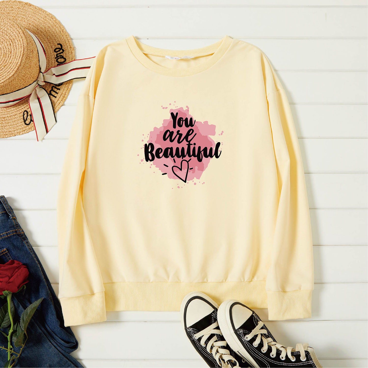 

Graphic Beige Long-sleeve Pullover For Women