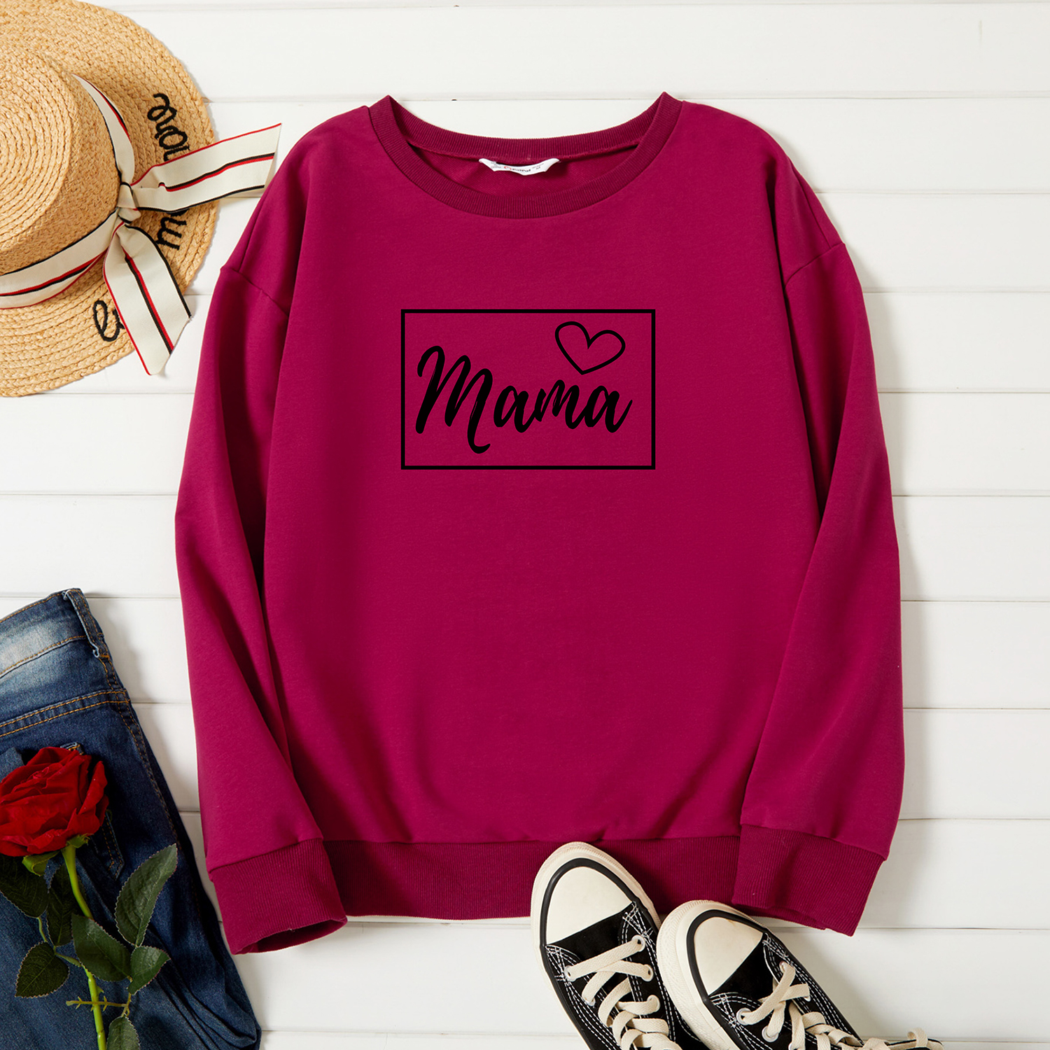 

Graphic Burgundy Long-sleeve Pullover For Women