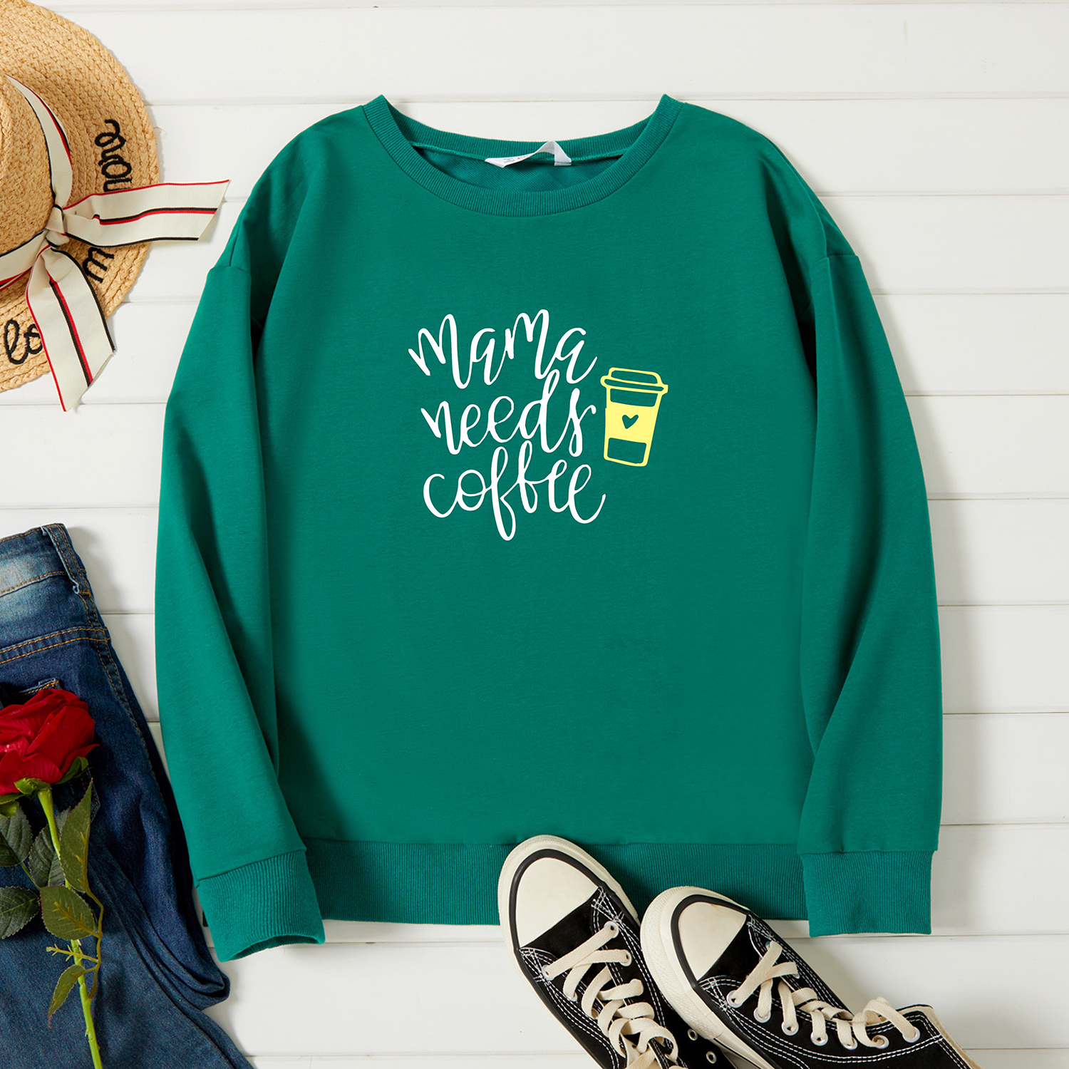 

Graphic Green Long-sleeve Pullover For Women