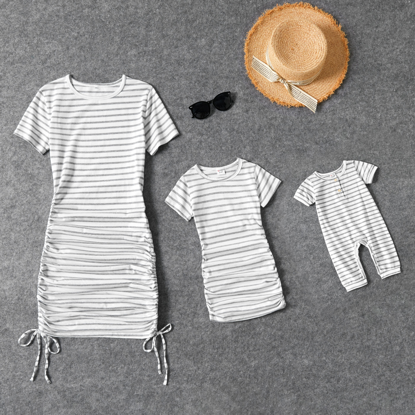 

Stripe Print White Short Sleeve Side Ruched Drawstring Mini Dress for Mom and Me