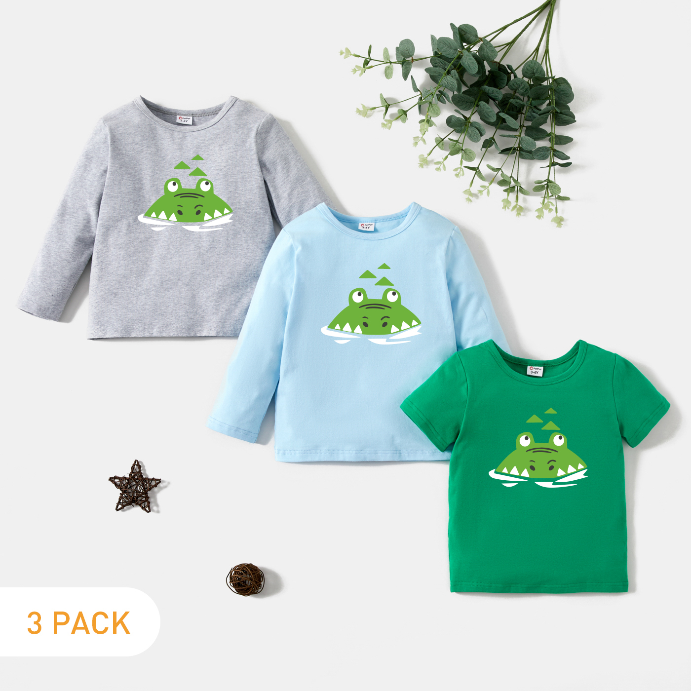 

3-Pack Toddler Graphic Crocodile Print Long-sleeve & Short-sleeve Tee Set