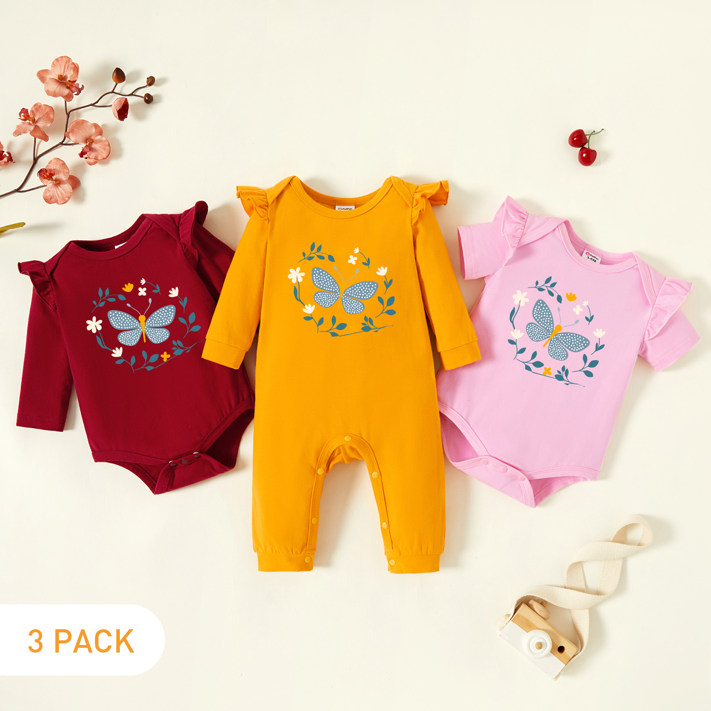 

3-Pack Baby Graphic Flutter-sleeve Romper and Jumpsuit Set
