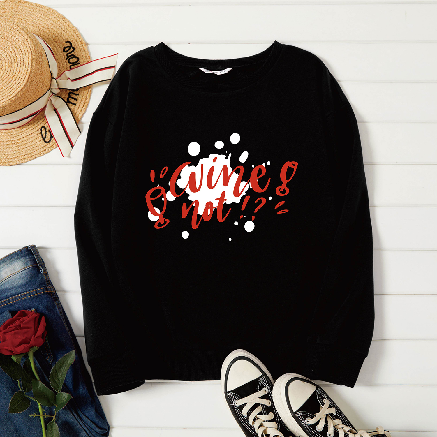 

Graphic Black Long-sleeve Pullover For Women
