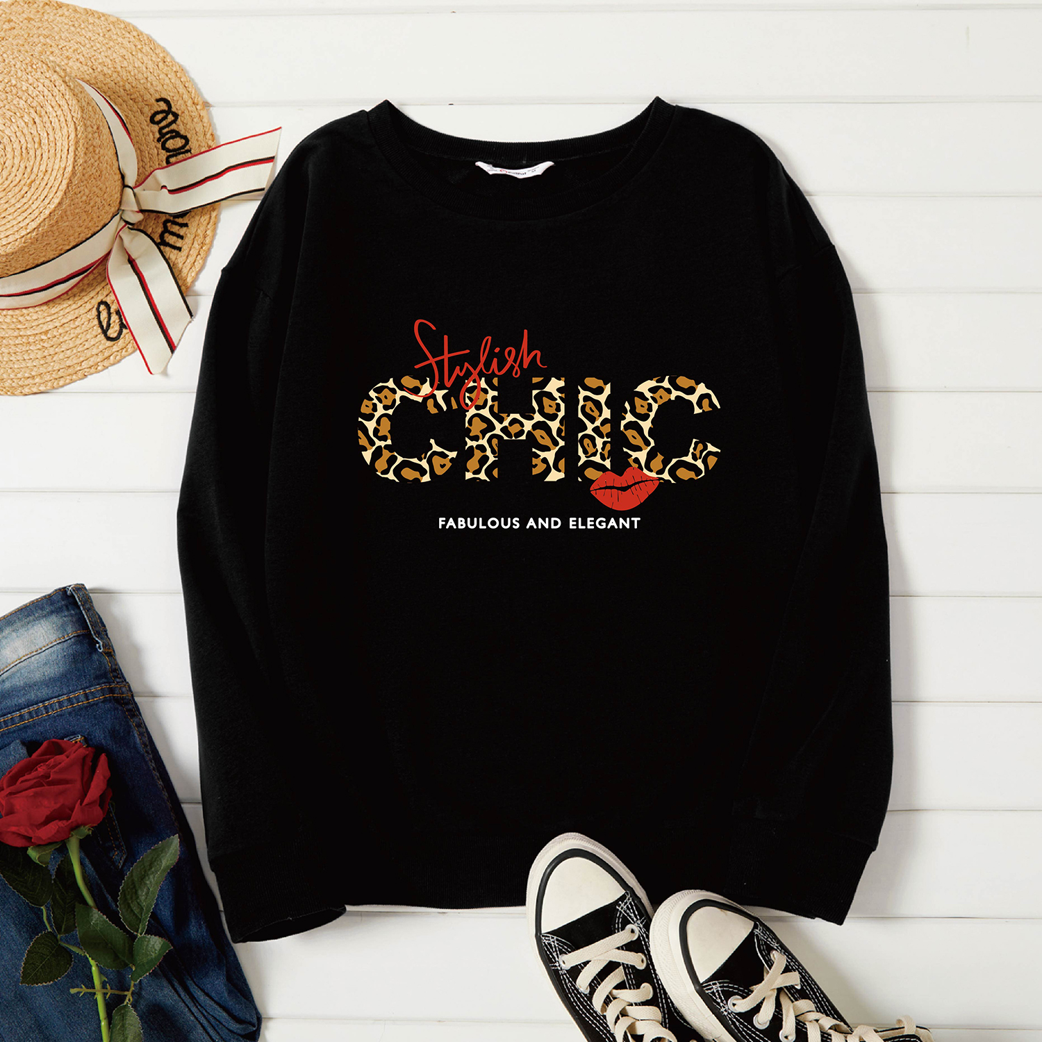 

Graphic Black Long-sleeve Pullover For Women